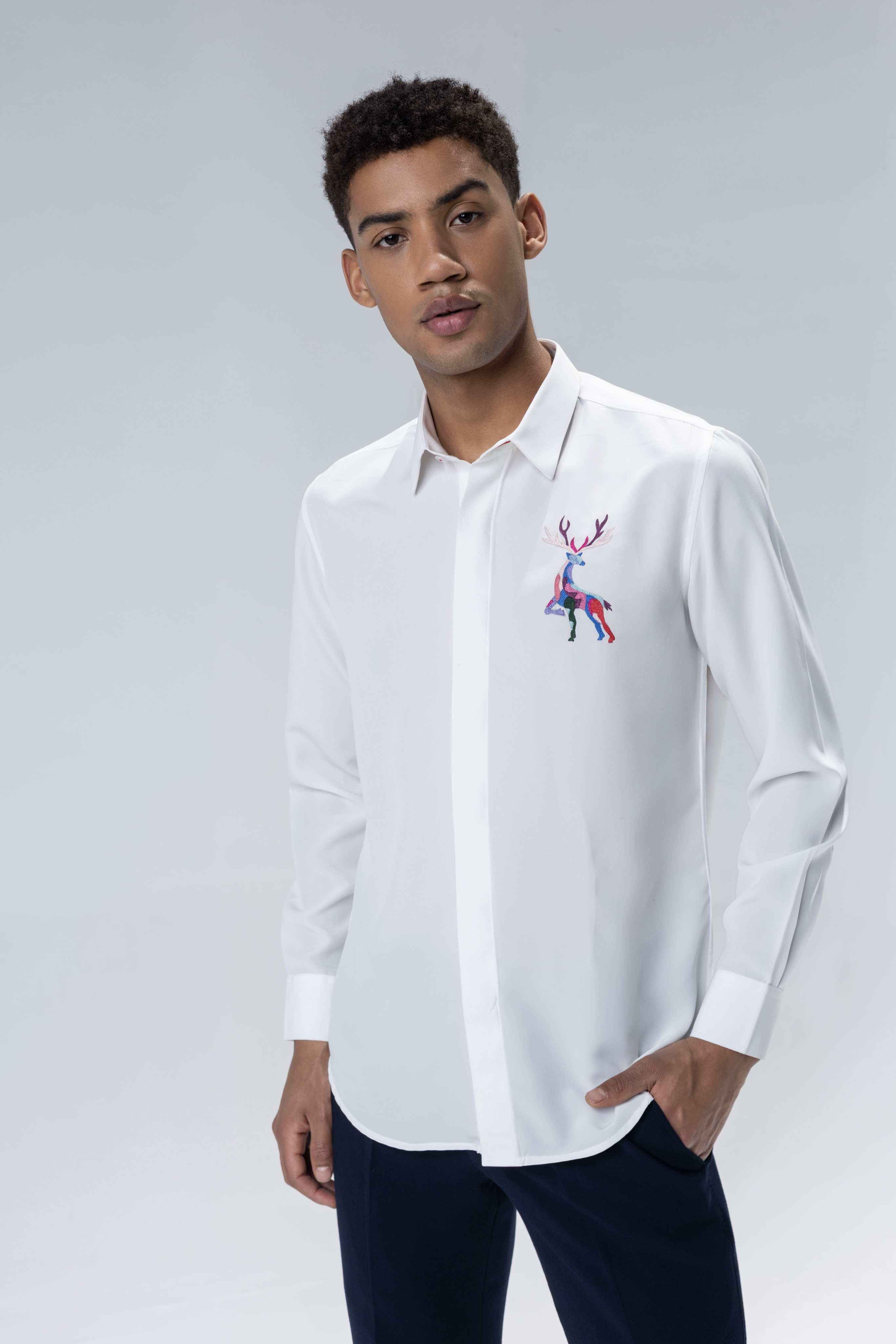 White full sleeved shirt with embroidered multi-color Reindeer motif