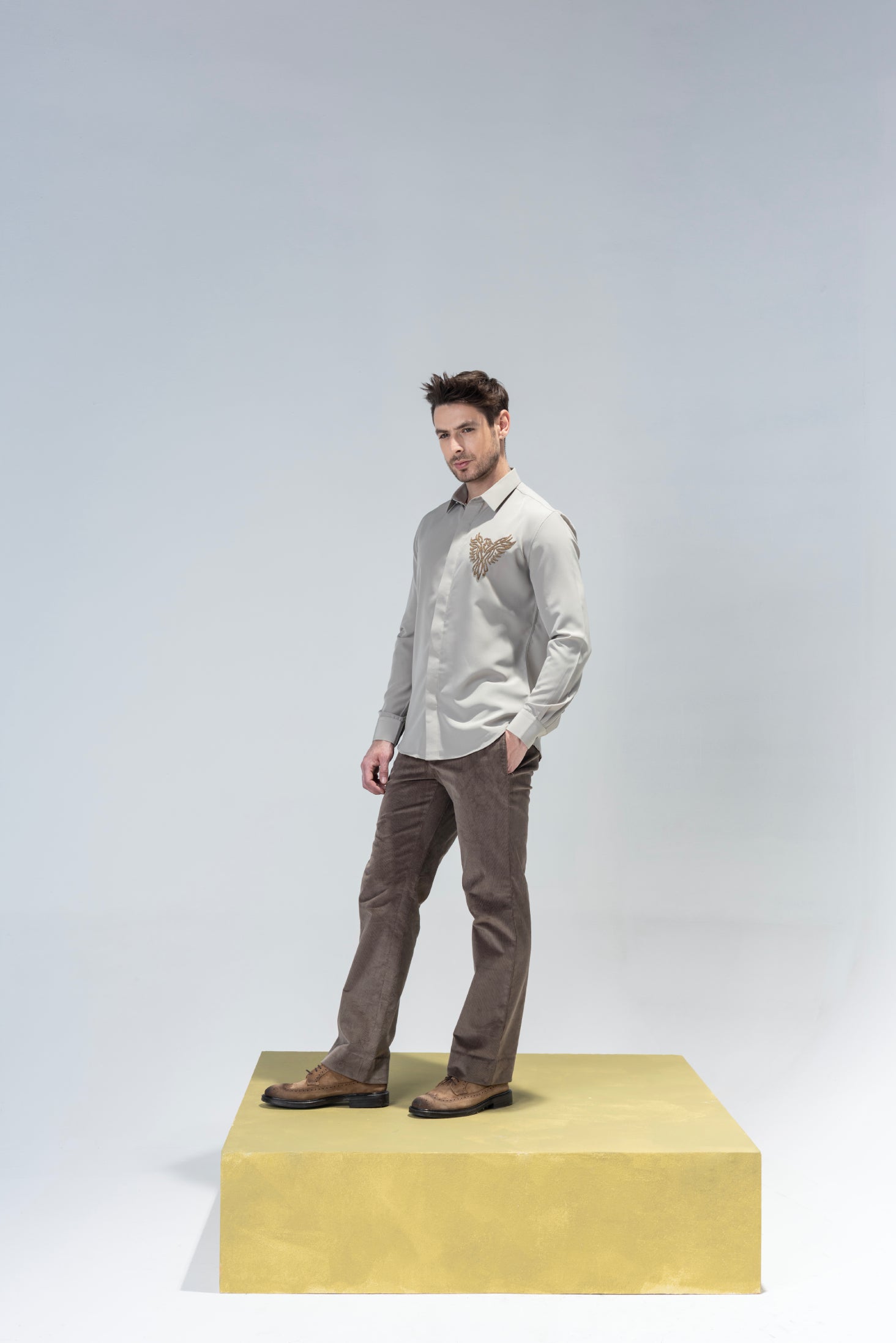 Fawn shirt with hand-embroidered