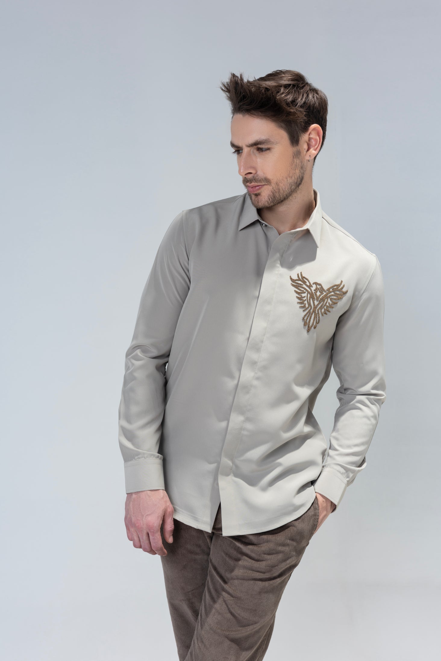 Fawn shirt with hand-embroidered