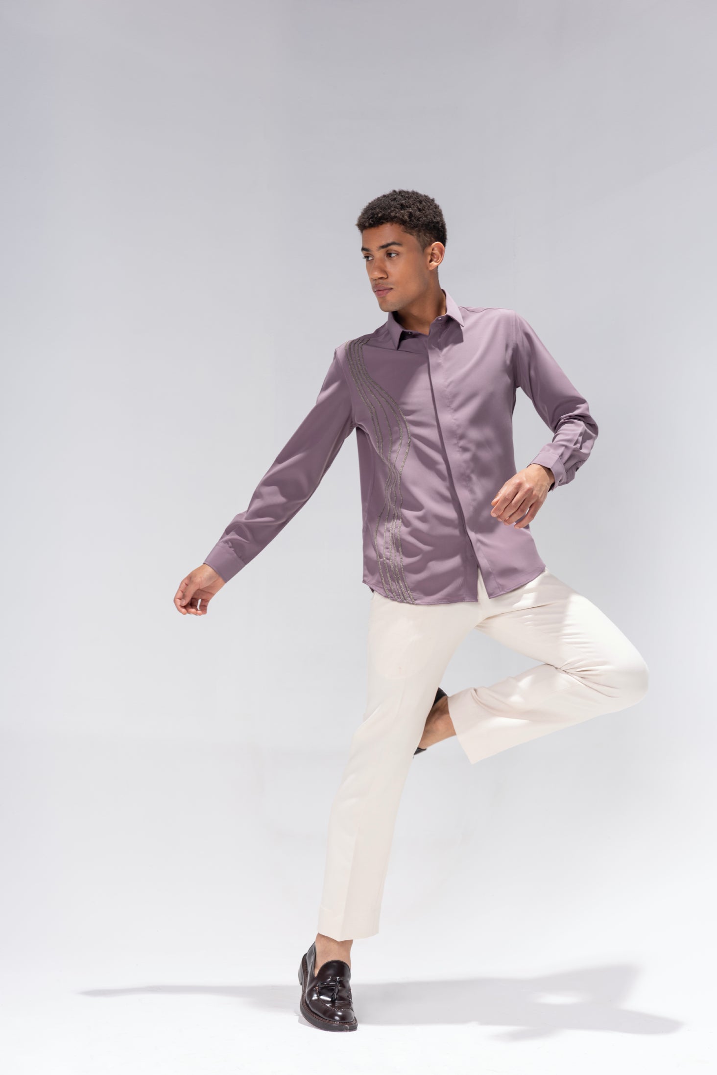 Dark Lilac full sleeved shirt with hand-embroidered metallic lines