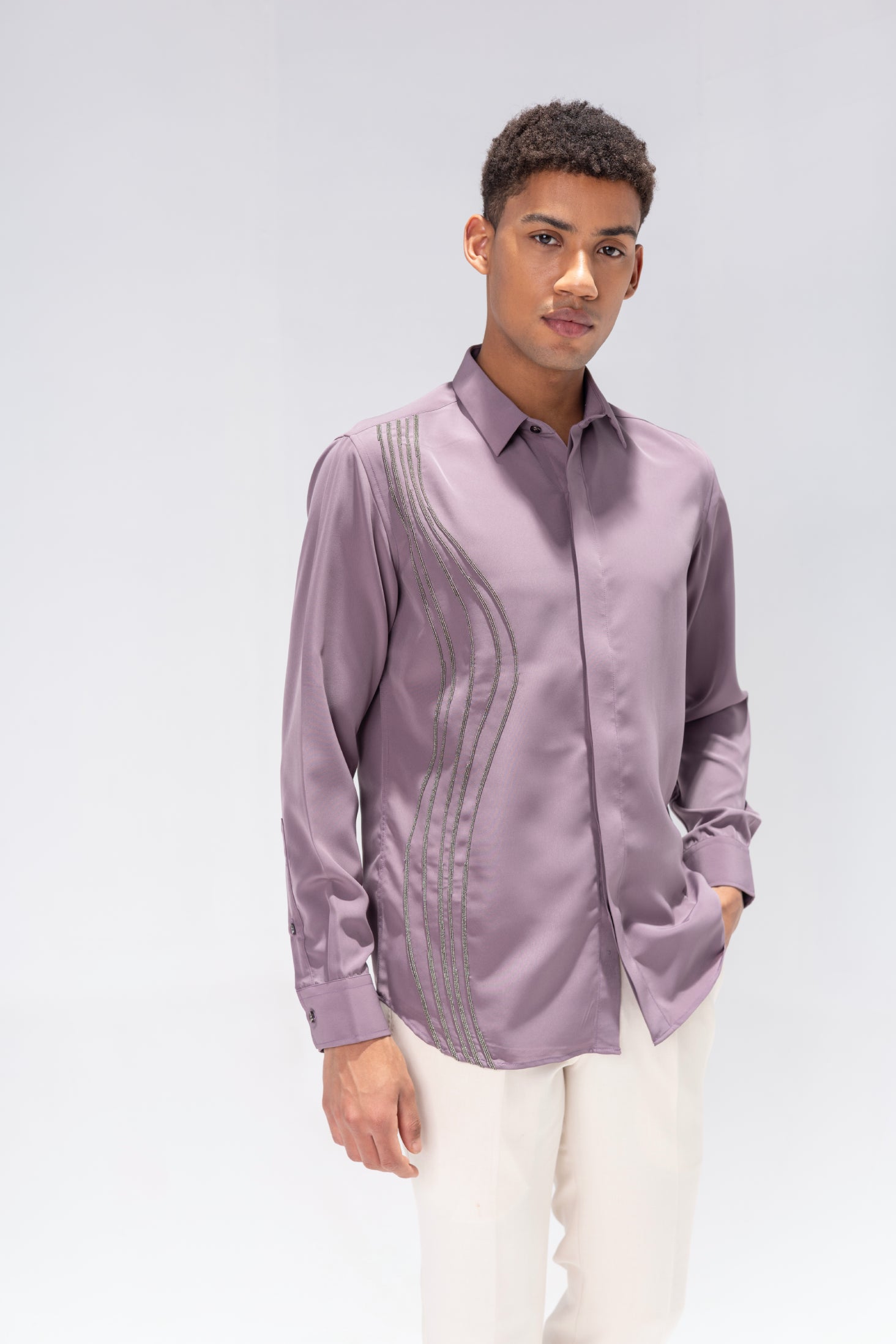 Dark Lilac full sleeved shirt with hand-embroidered metallic lines