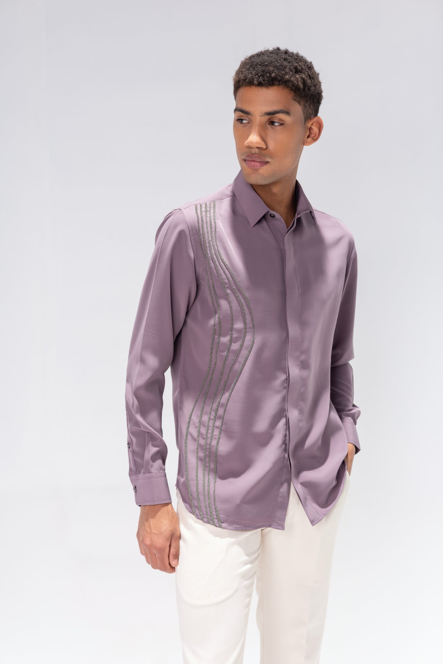 Dark Lilac full sleeved shirt with hand-embroidered metallic lines