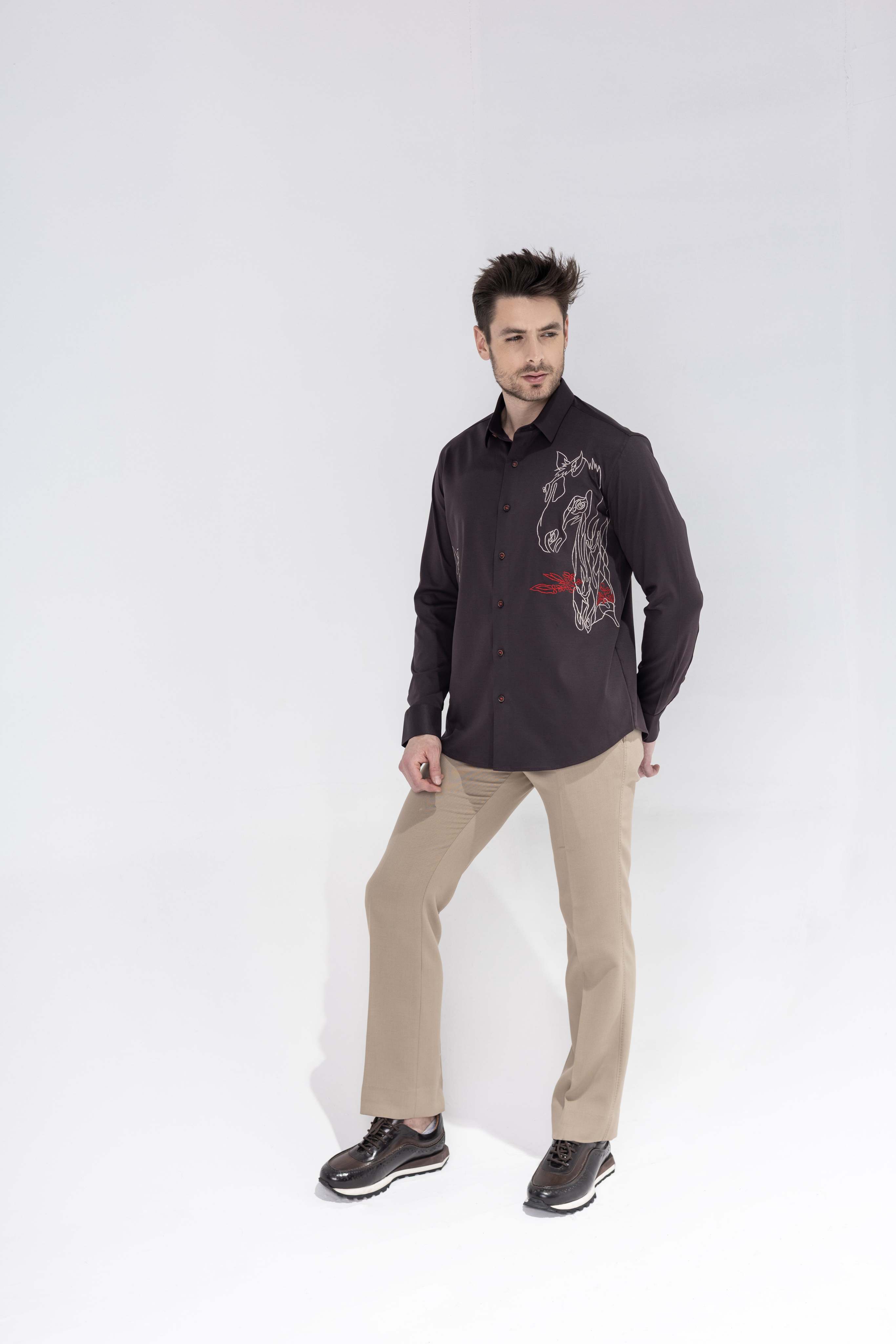 Brown full sleeved shirt with embroidered Horse motif