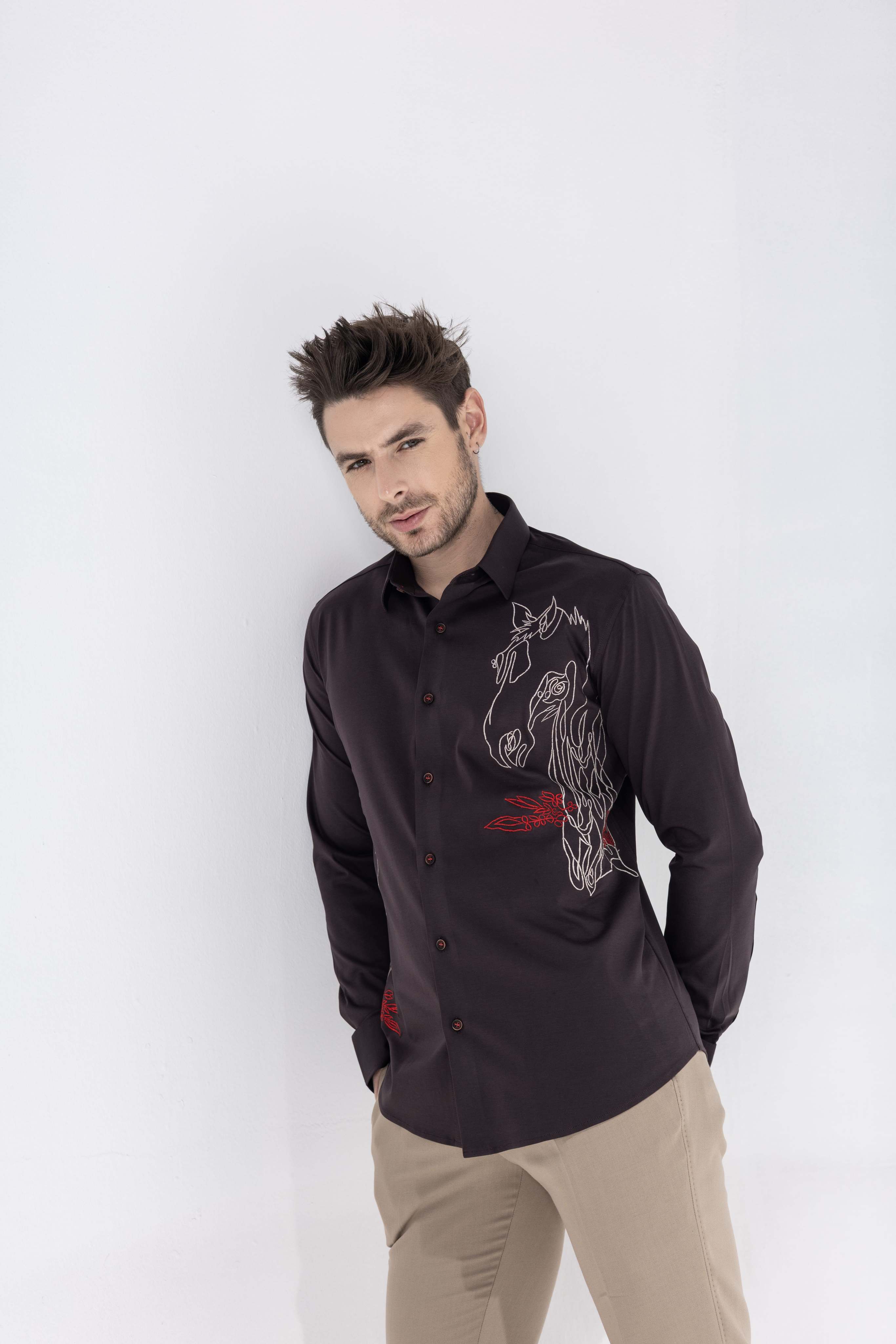 Brown full sleeved shirt with embroidered Horse motif