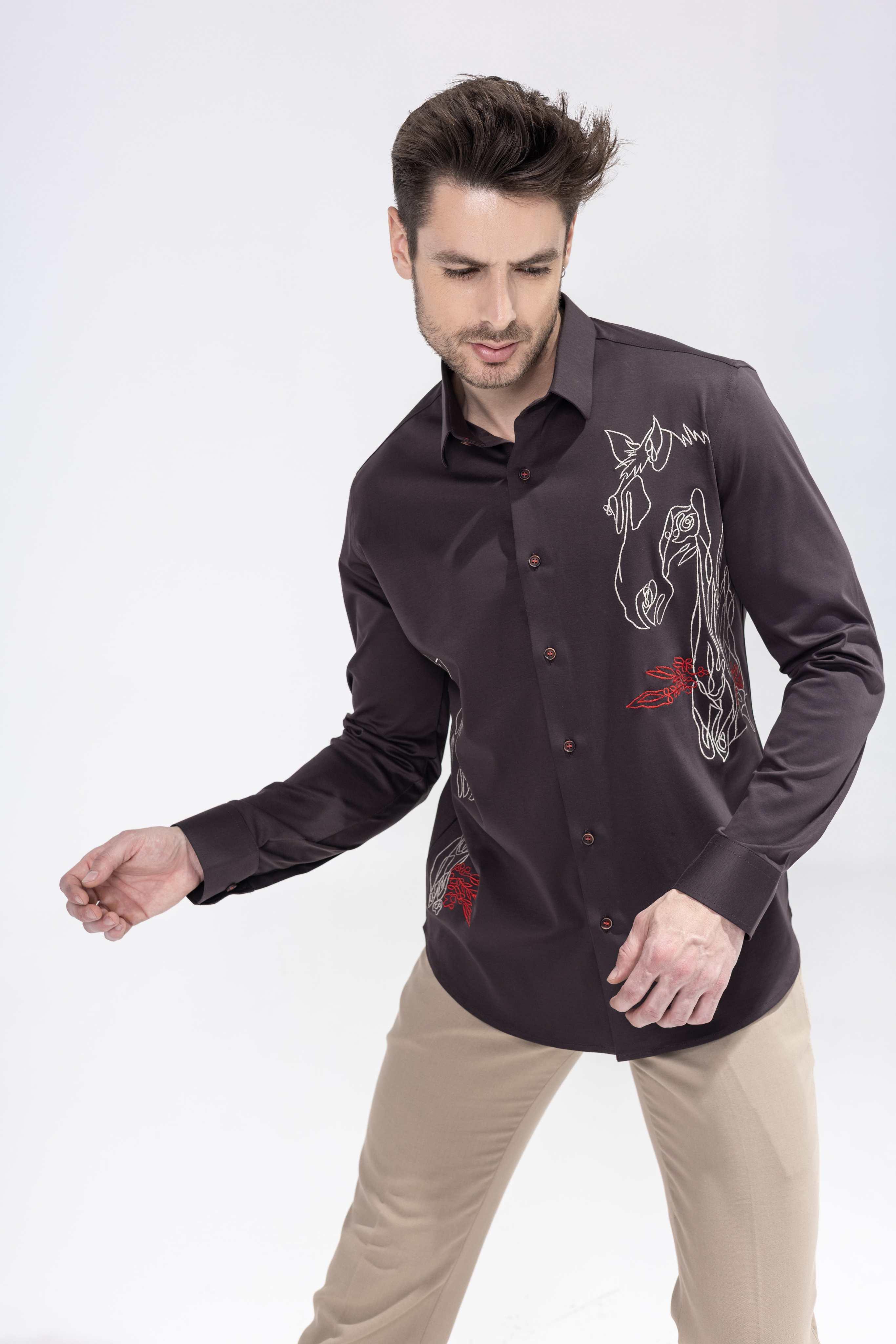 Brown full sleeved shirt with embroidered Horse motif