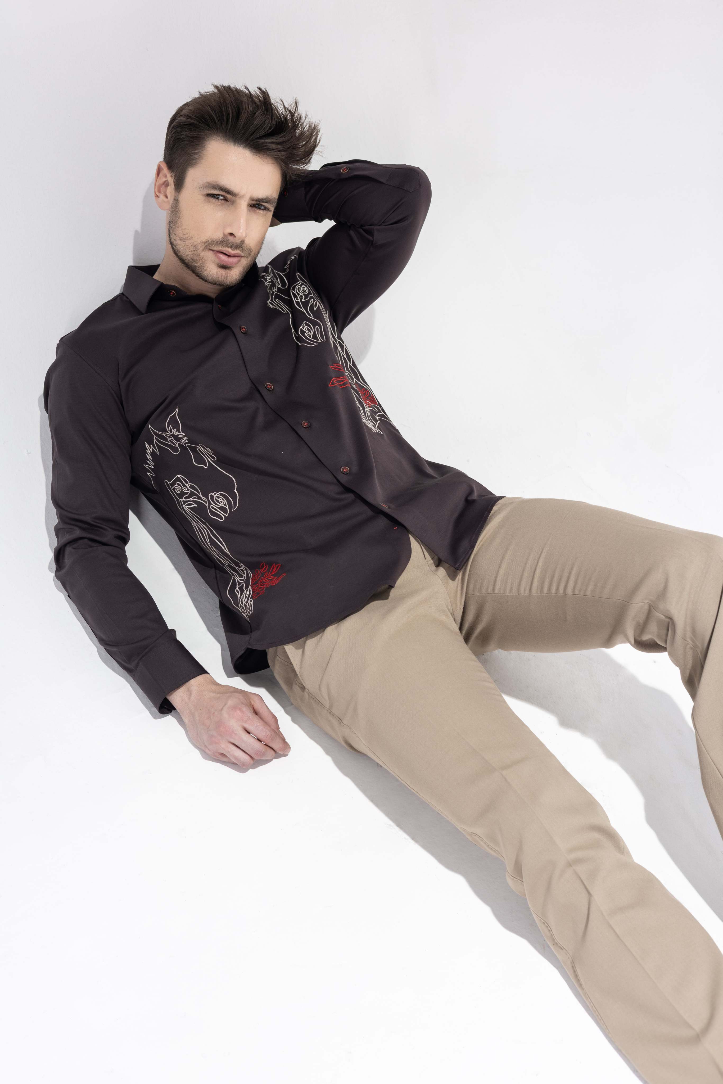Brown full sleeved shirt with embroidered Horse motif