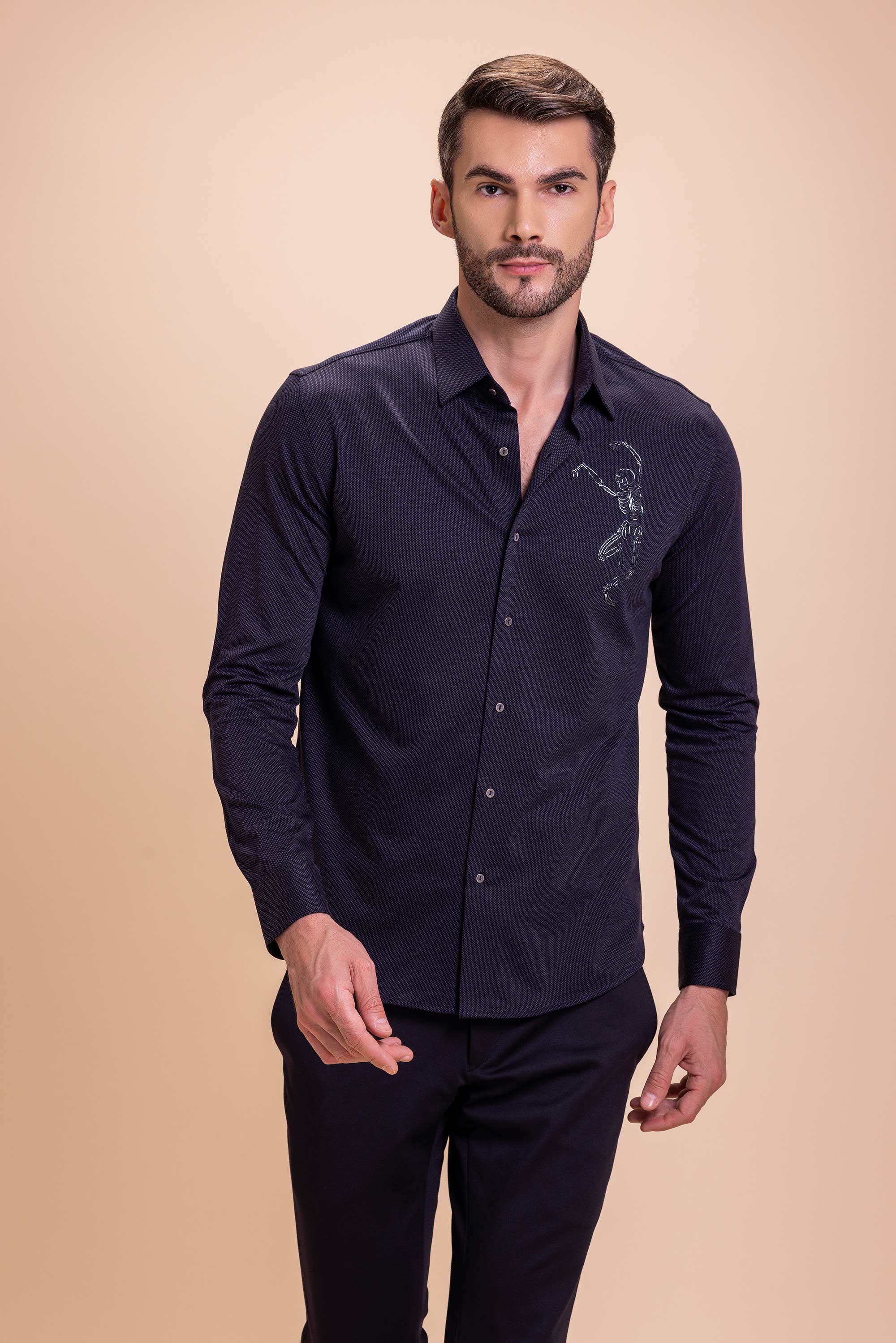 Navy Blue Embroidered Shirt