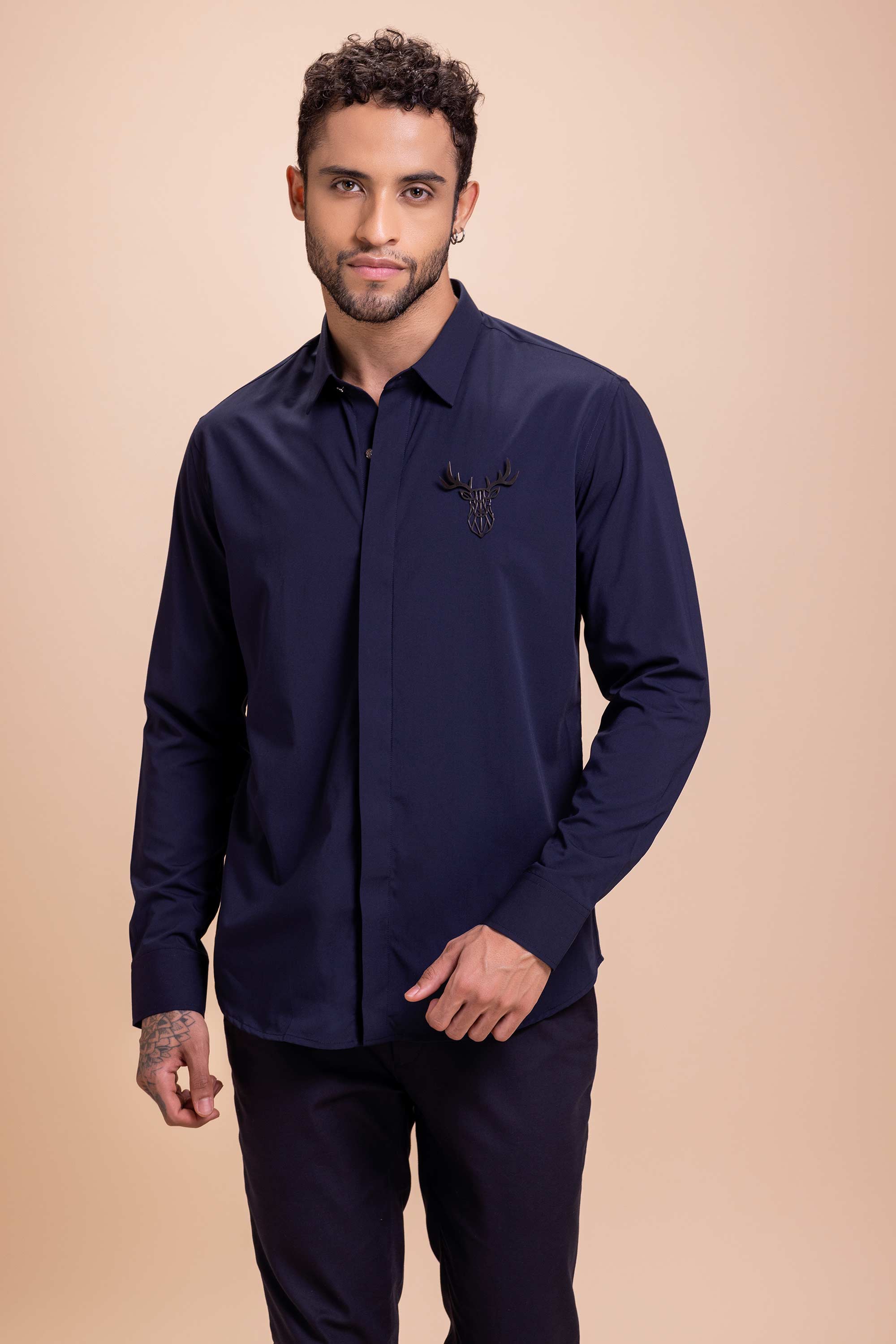 Navy Blue Brooch Shirt