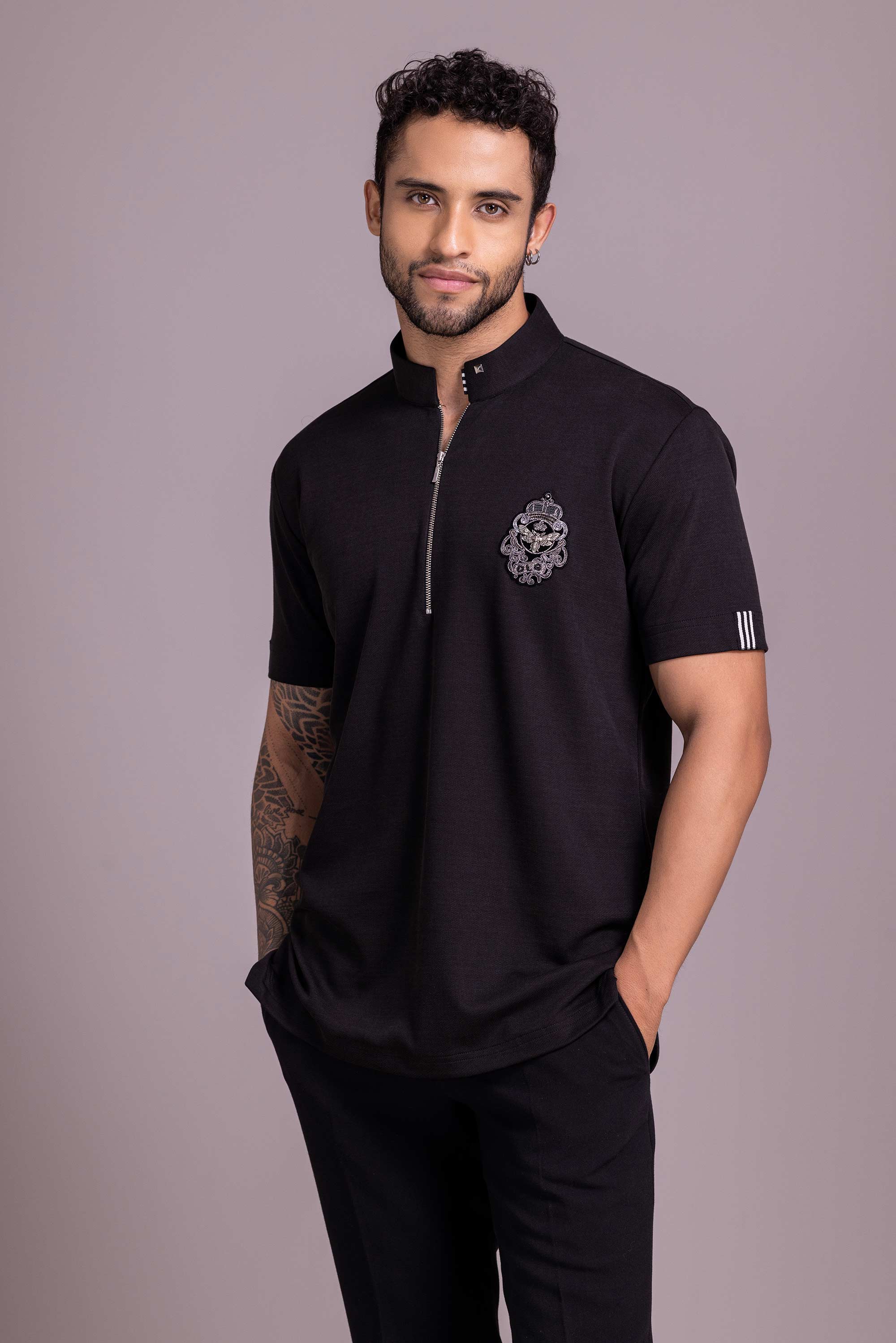 Black T- Shirt with Zipper and Brooch