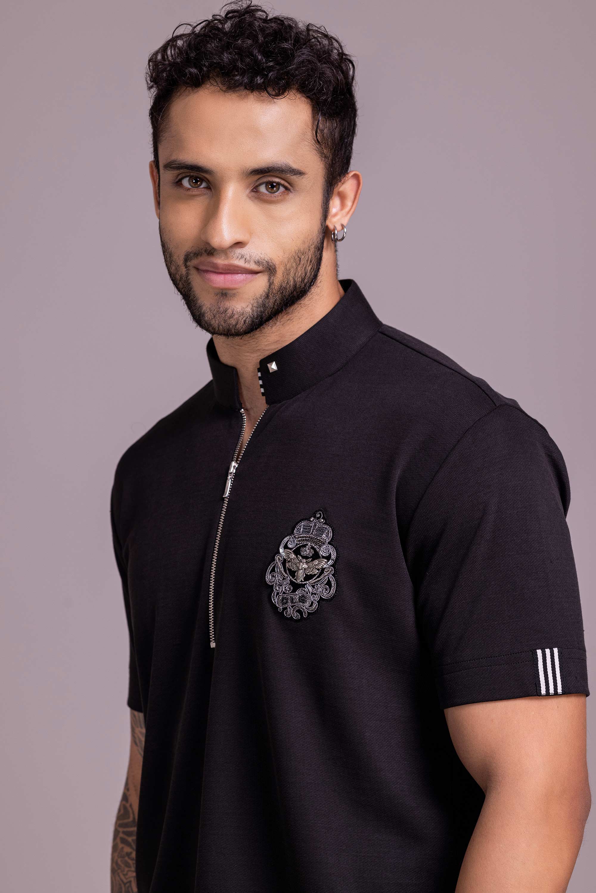 Black T- Shirt with Zipper and Brooch