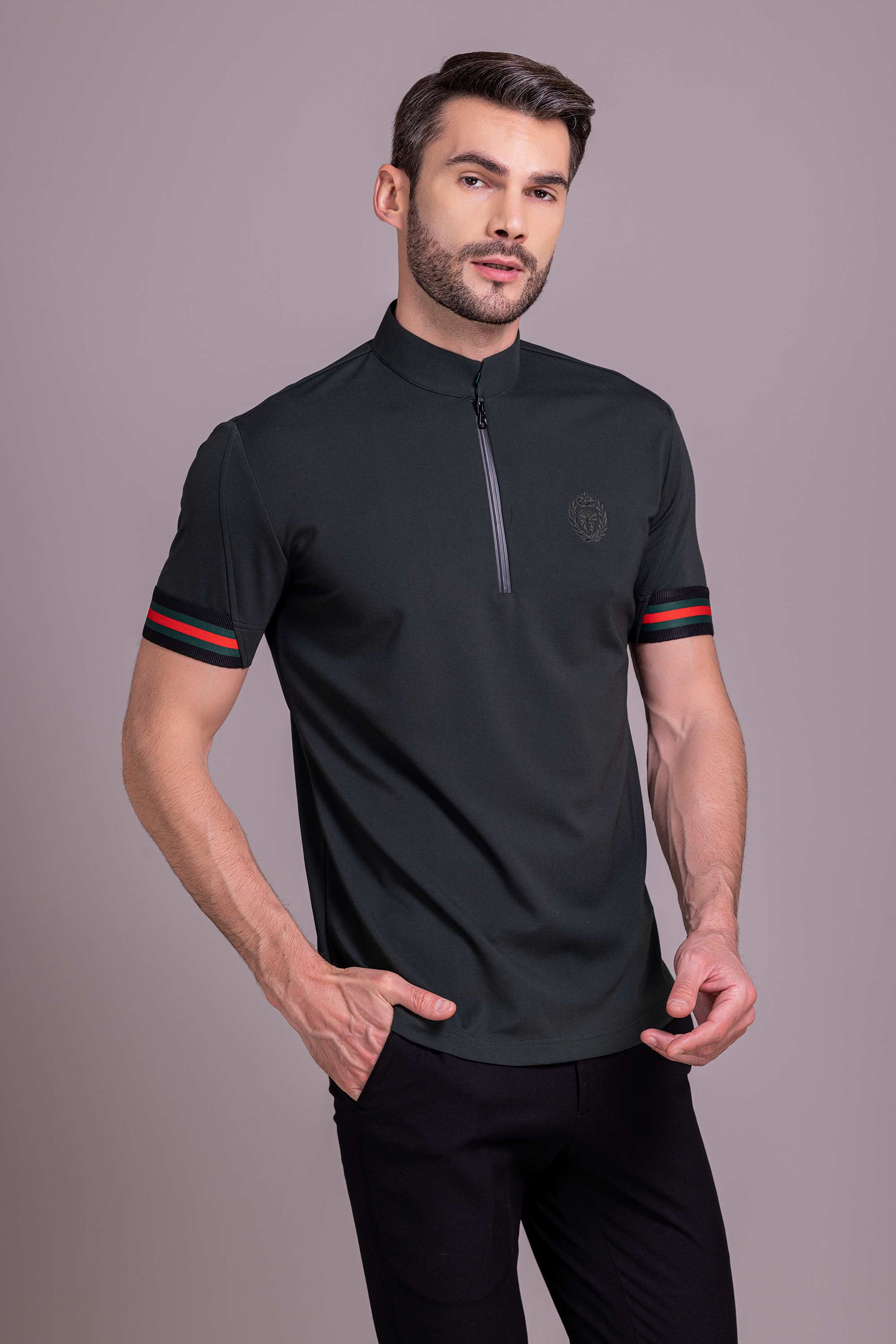 Bottle Green T- Shirt with Zipper