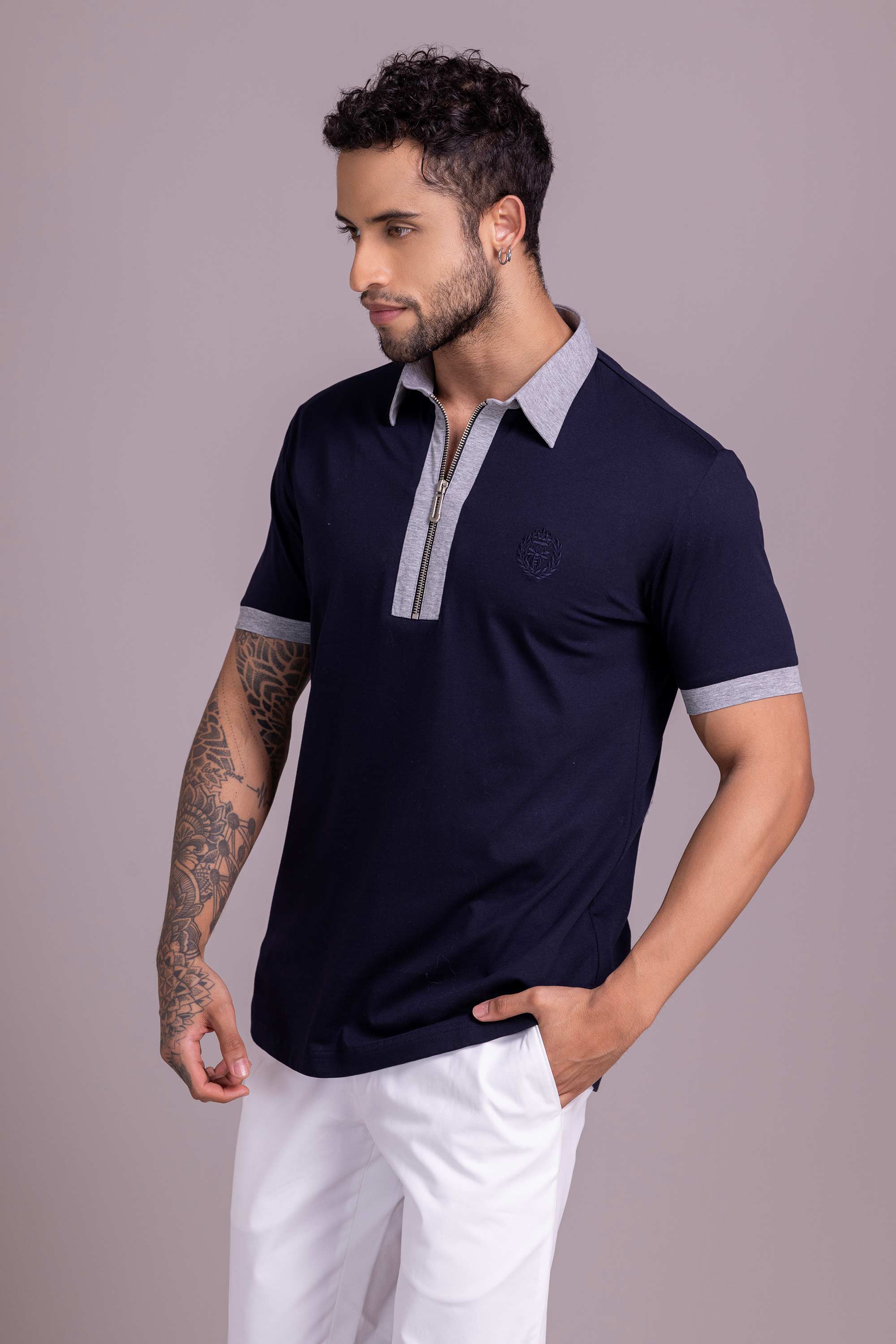 Navy Blue T- Shirt with Zipper