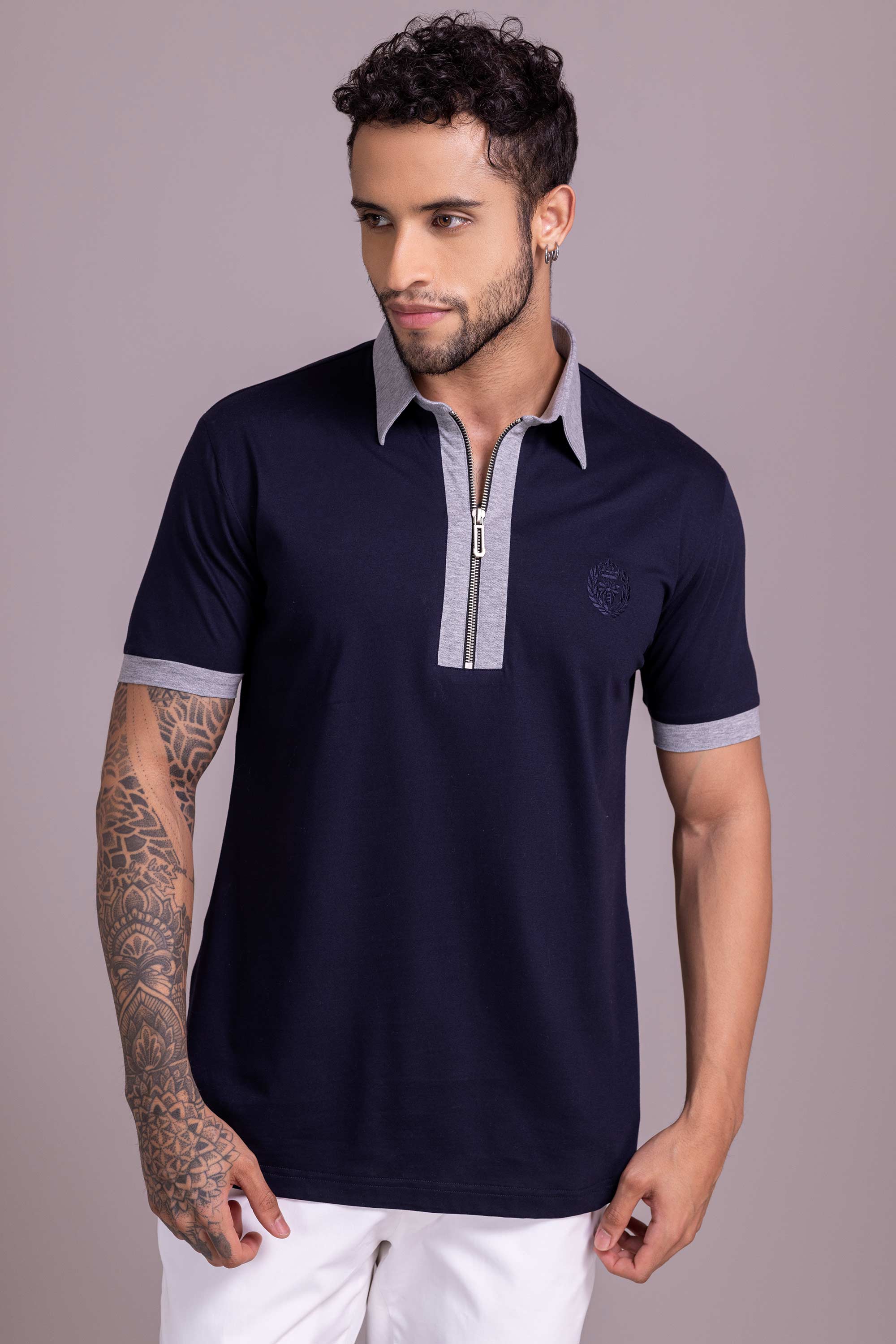 Navy Blue T- Shirt with Zipper