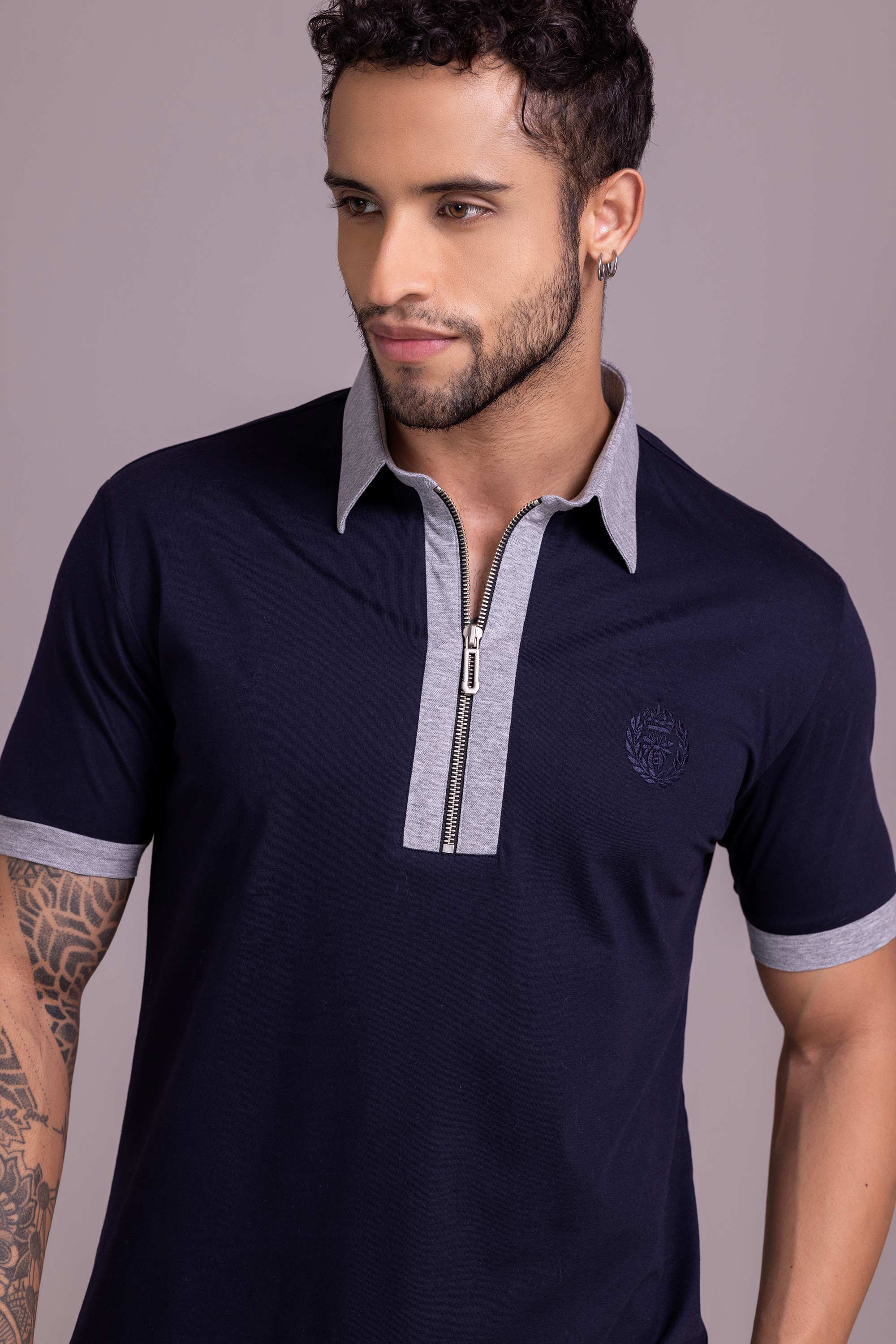 Navy Blue T- Shirt with Zipper – Amit Arora