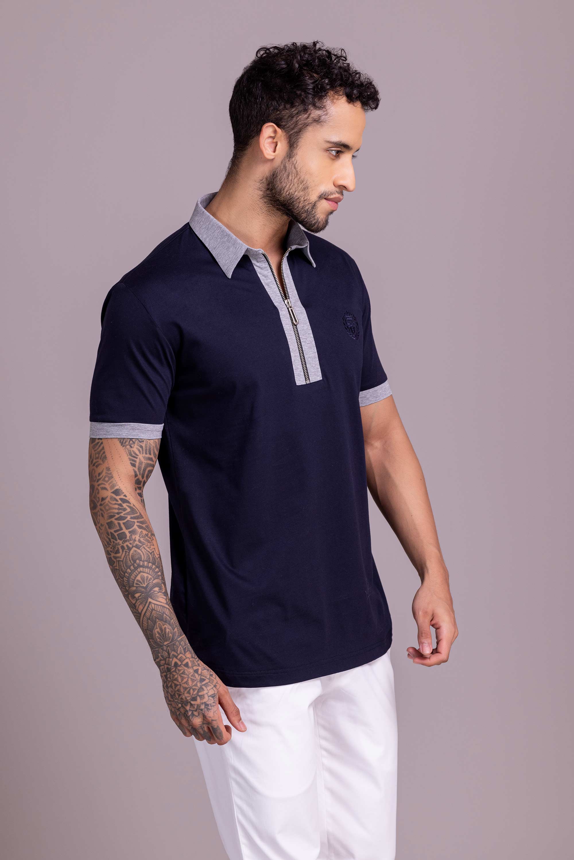 Navy Blue T- Shirt with Zipper