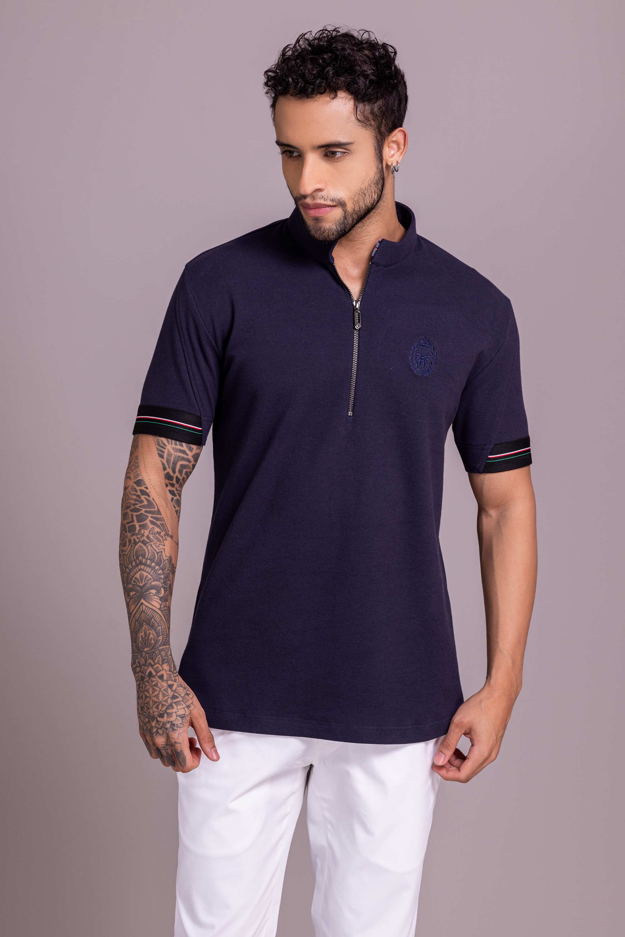 Navy Blue T- Shirt with Zipper – Amit Arora