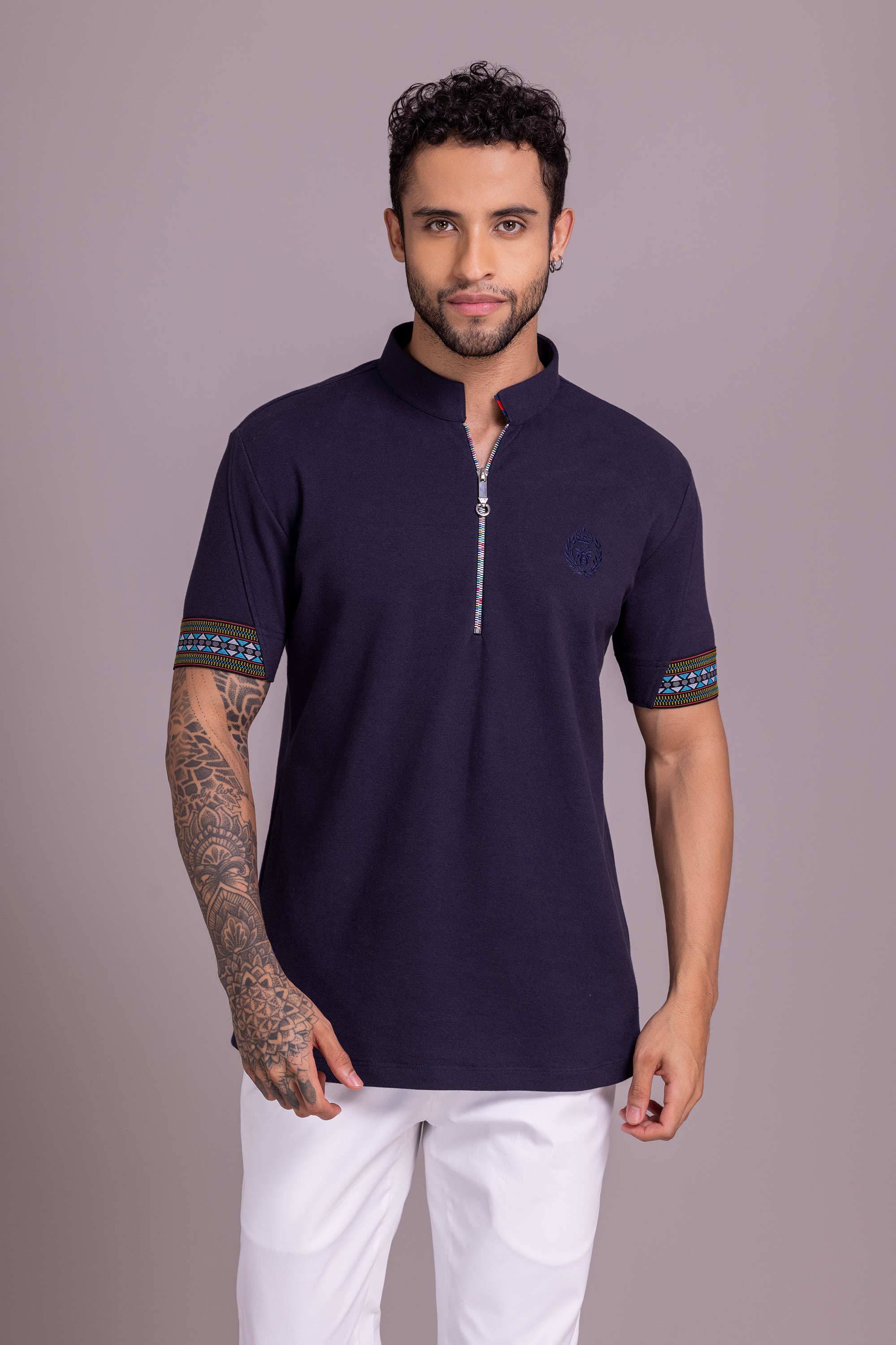 Navy Blue T- Shirt with Zipper – Amit Arora