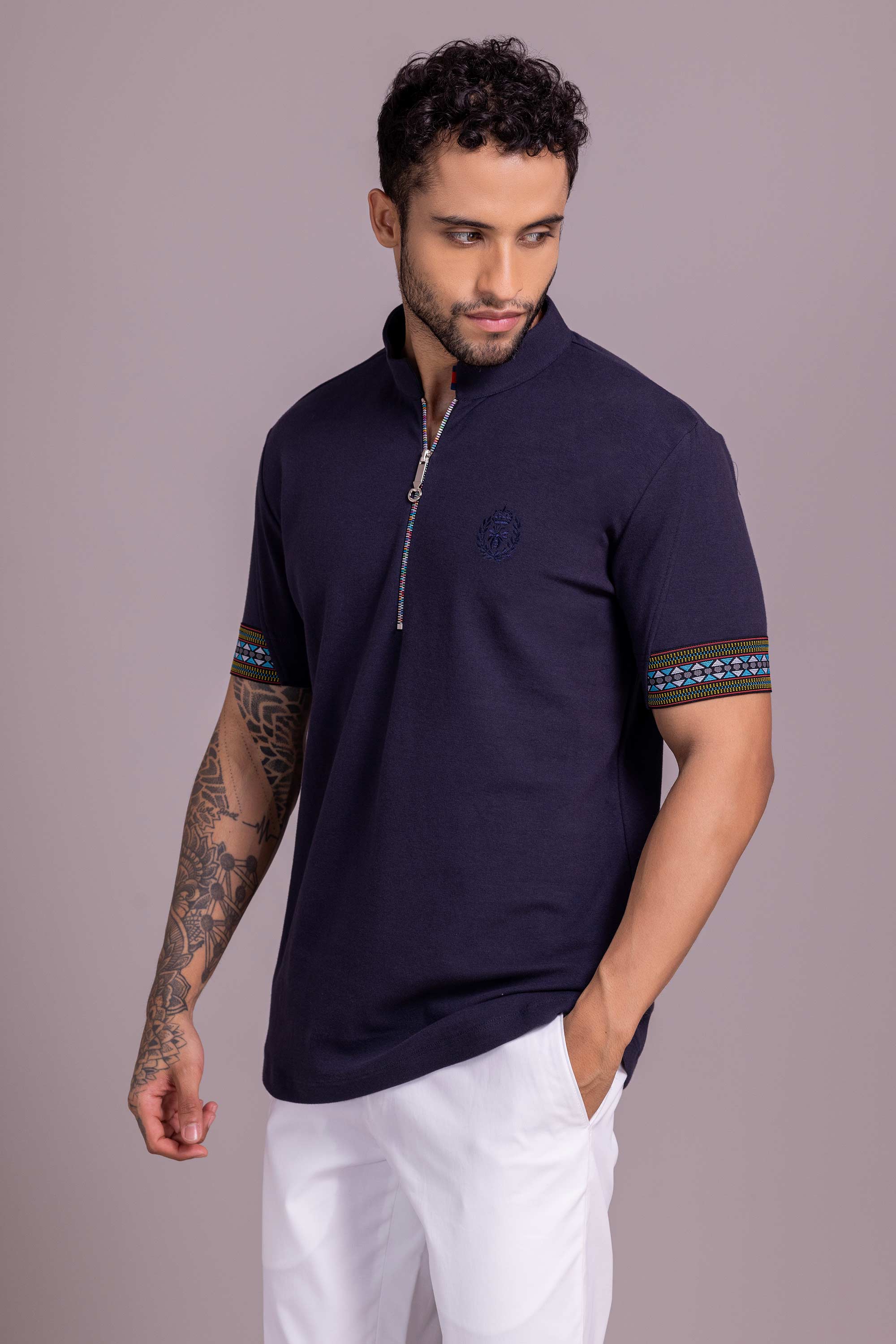 Navy Blue T- Shirt with Zipper