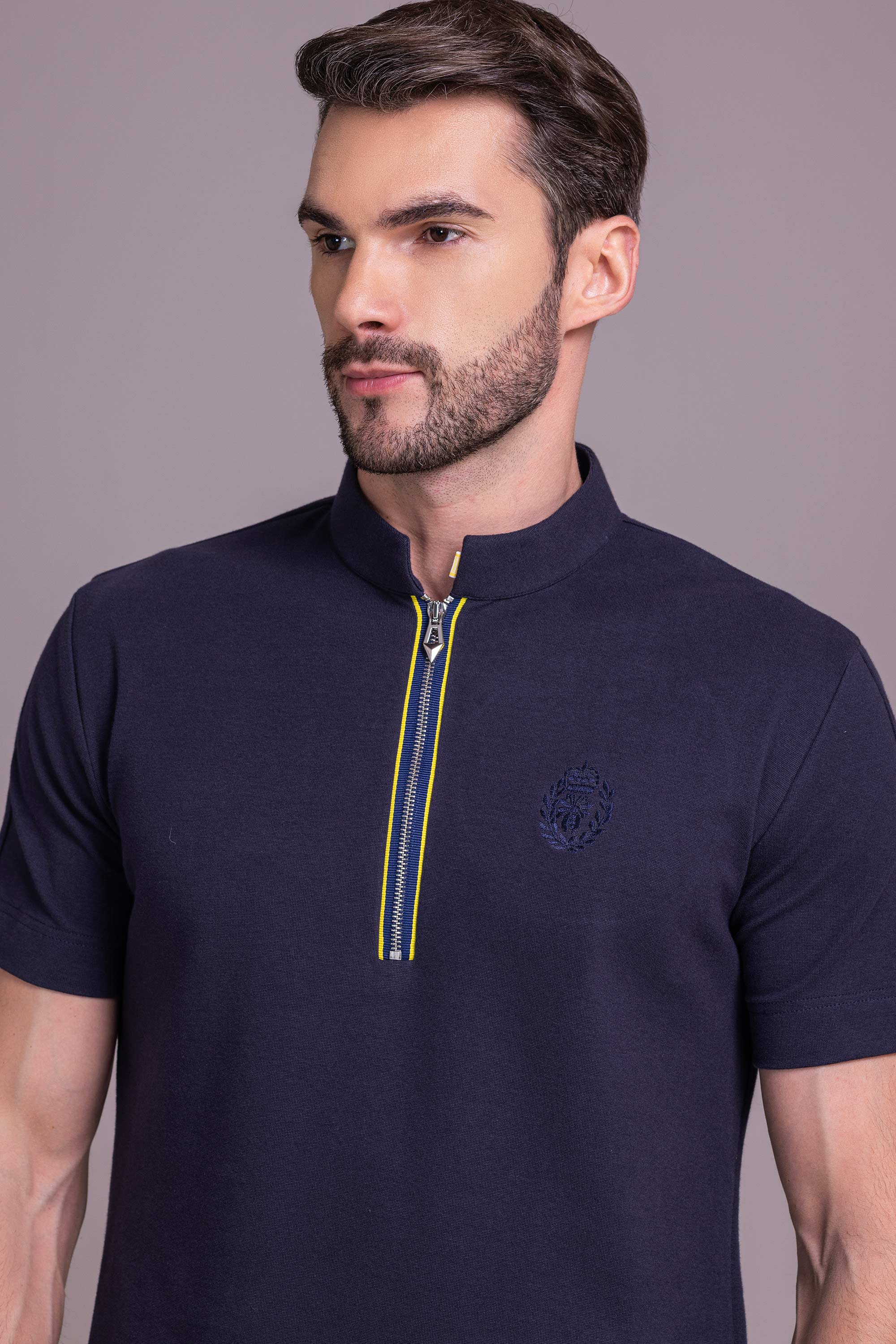 トップス draw drawers LEOTARD PILE T-SHIRTS/ navy Navy Blue T- Shirt with Zipper – Amit Arora