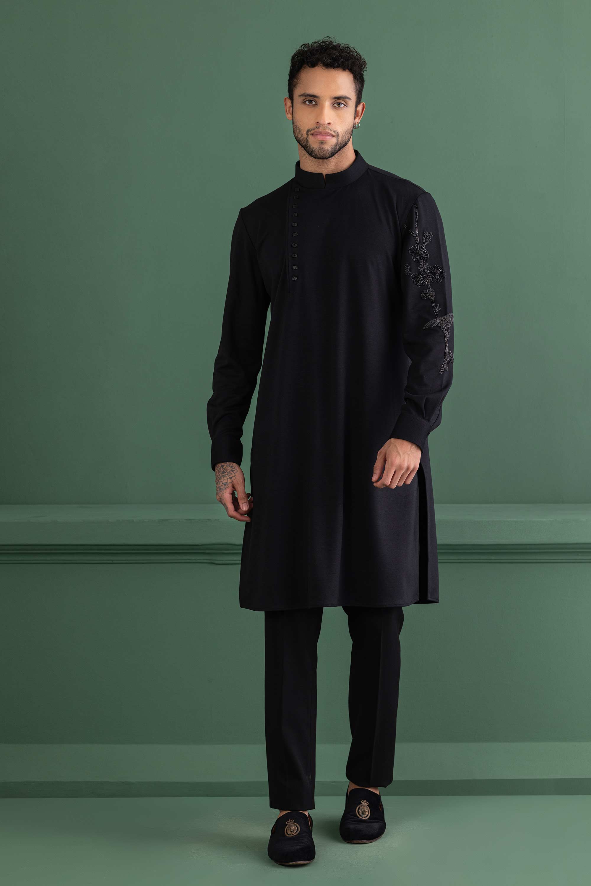 Black knit embroidered kurta