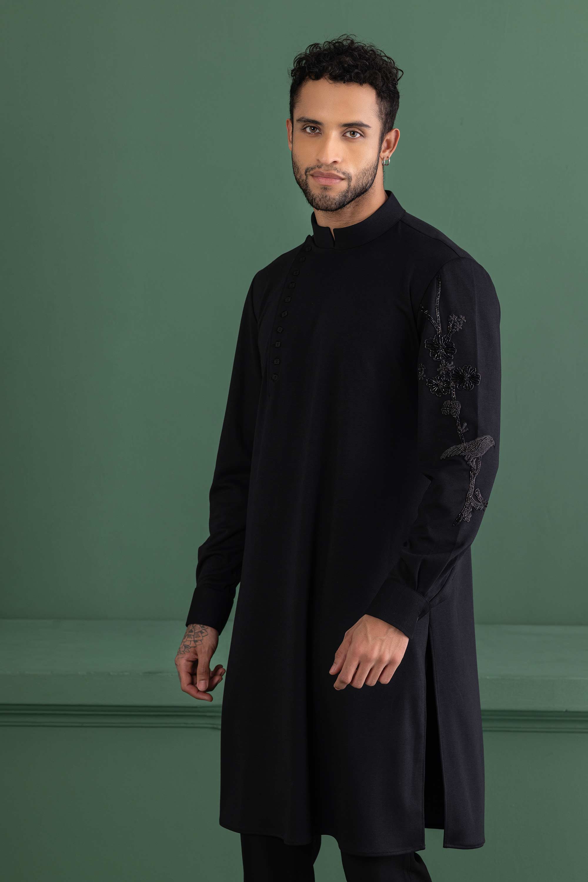 Black knit embroidered kurta