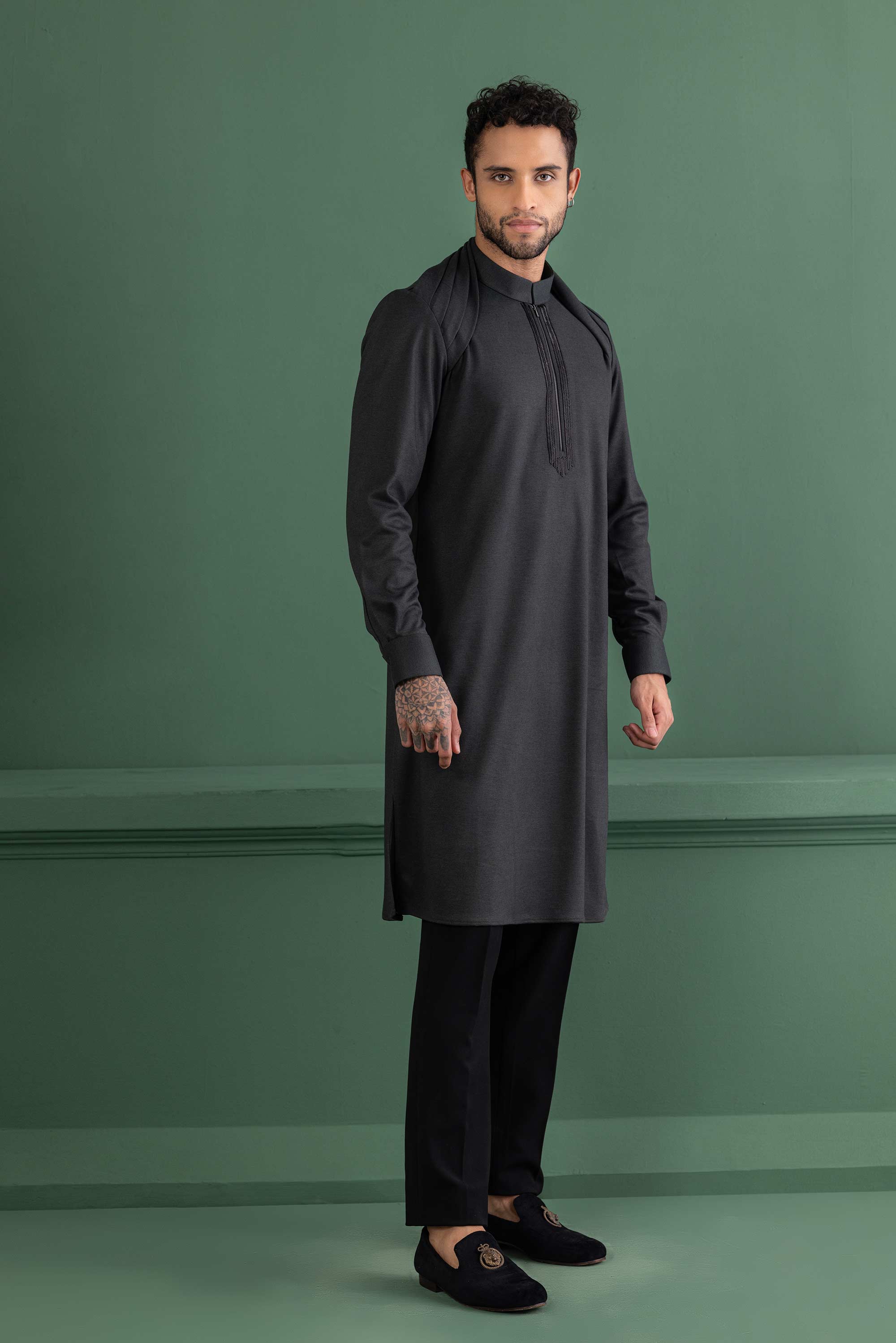 Bottle green knit embroidered kurta