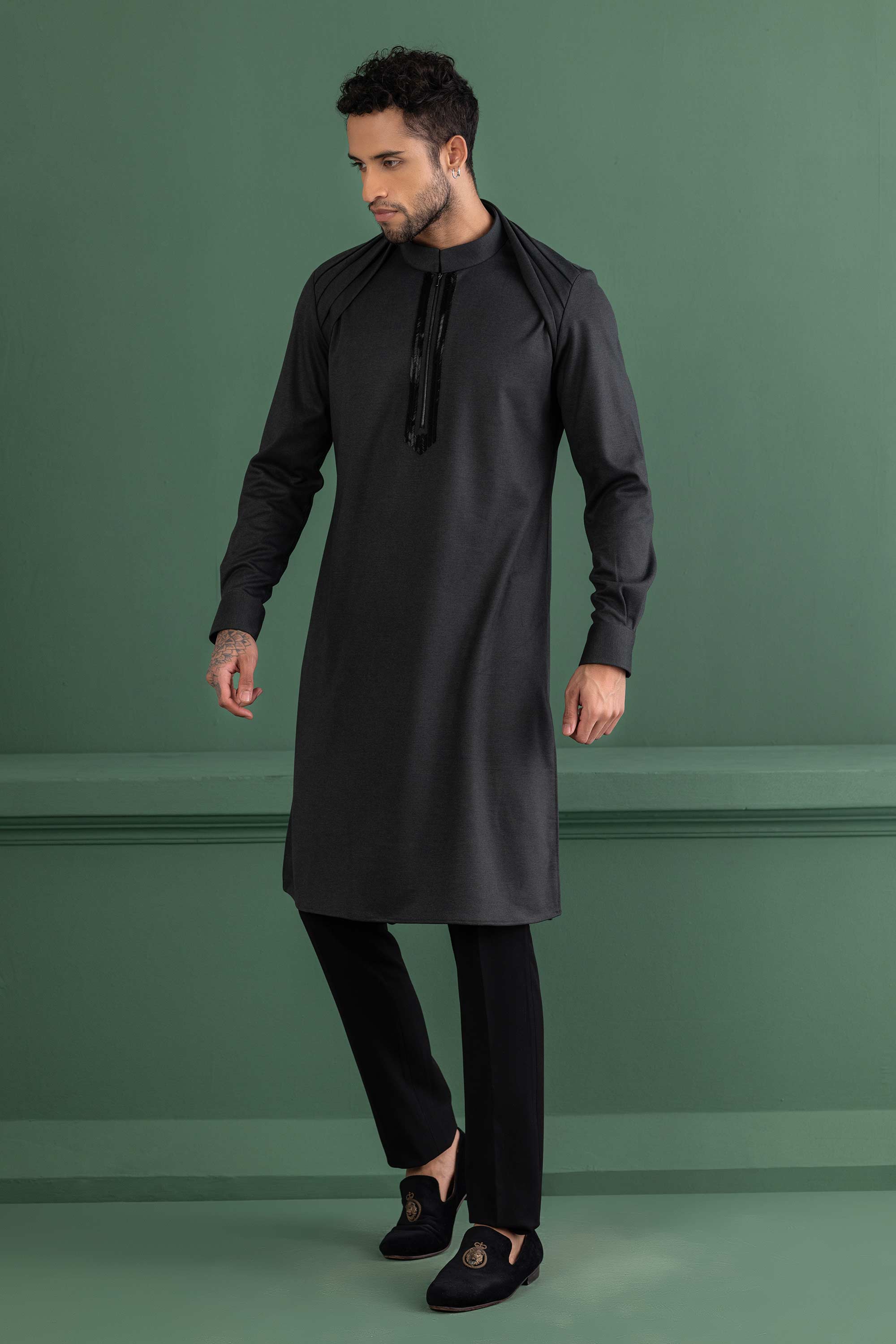 Bottle green knit embroidered kurta