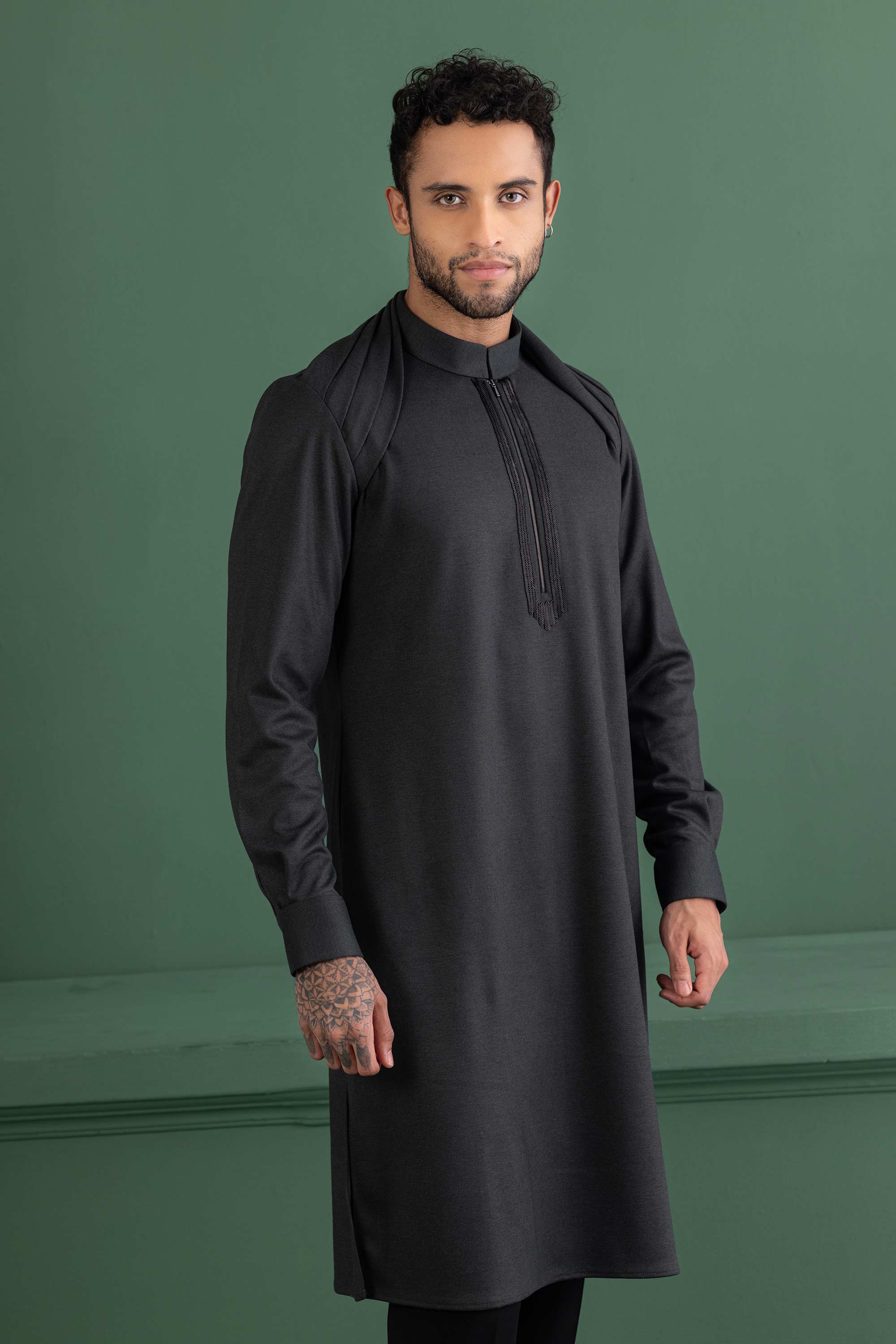 Bottle green knit embroidered kurta