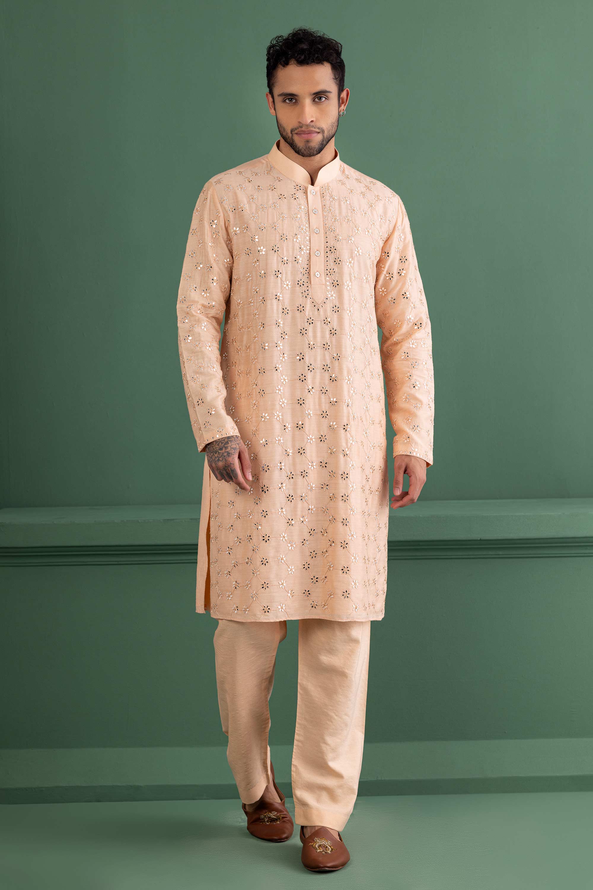 Peach mirror work kurta