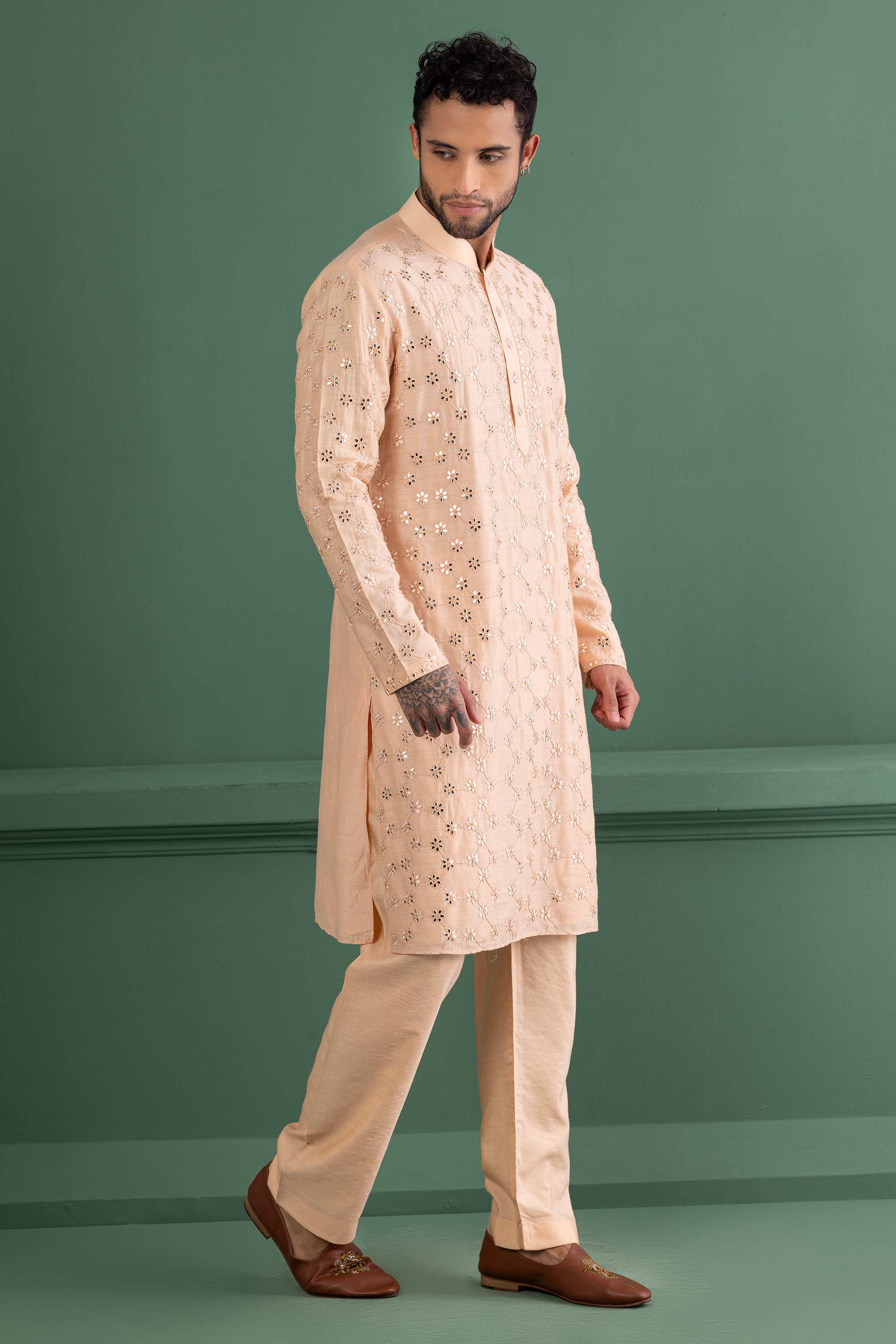 Peach mirror work kurta