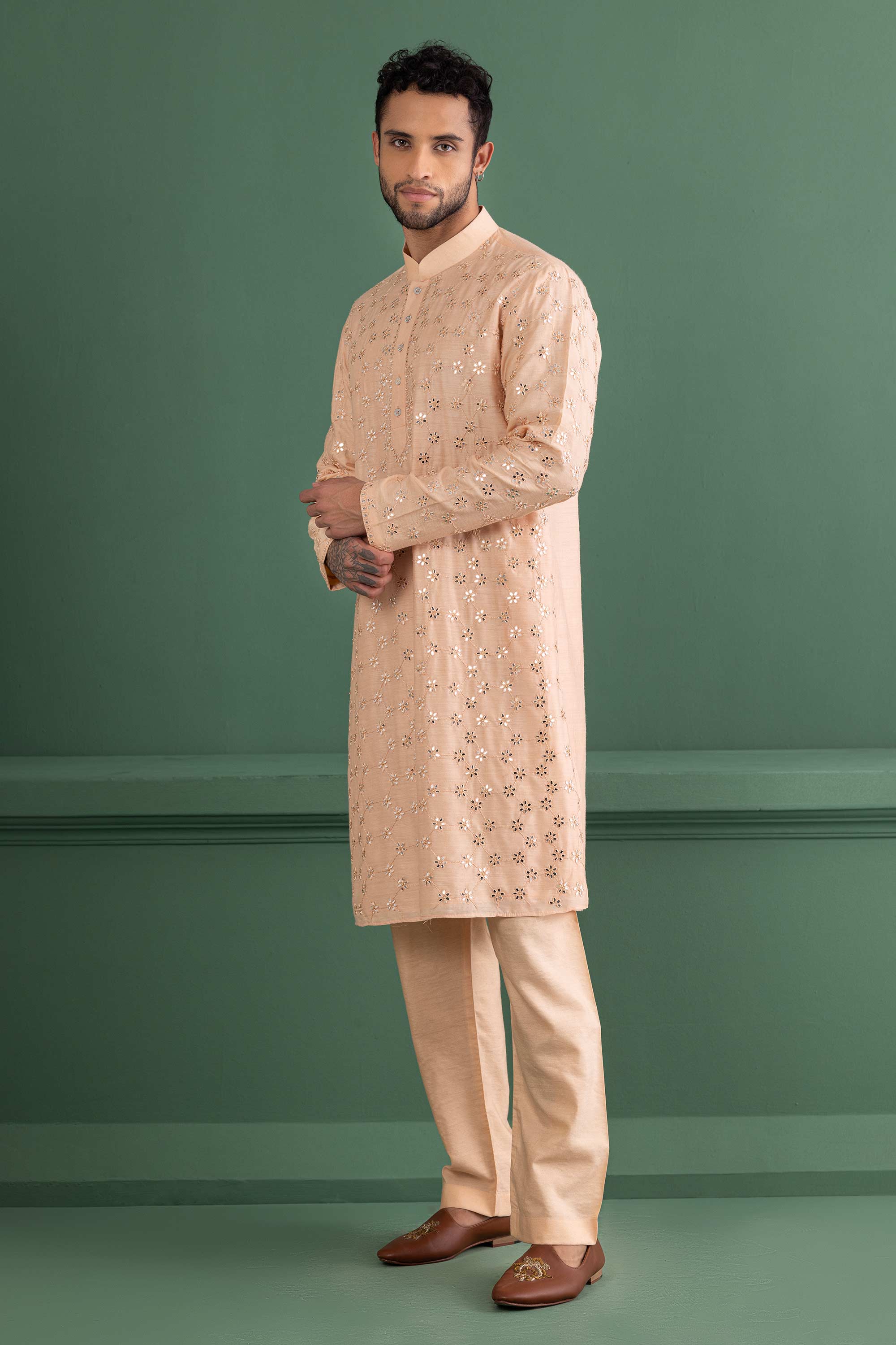 Peach mirror work kurta