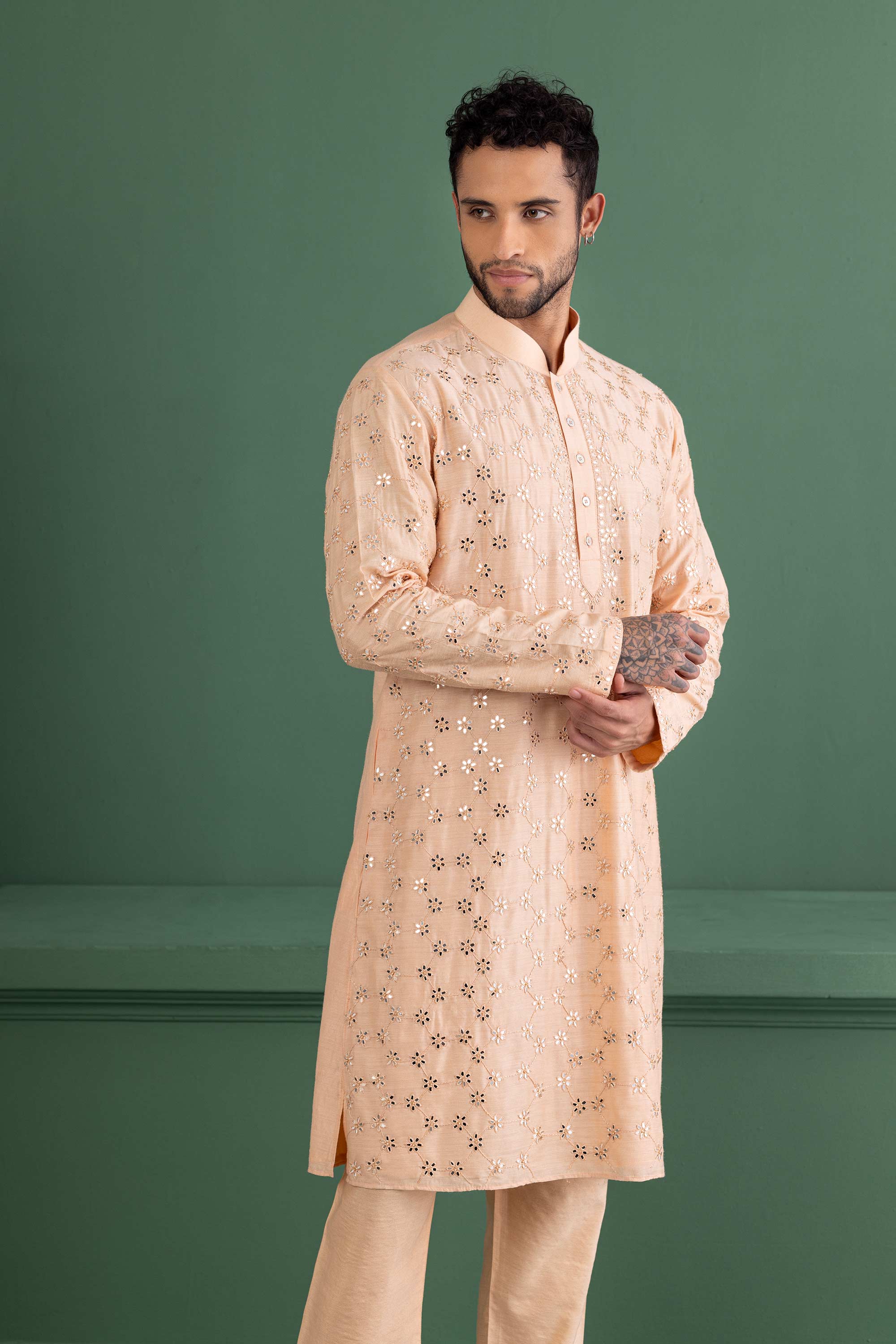 Peach mirror work kurta