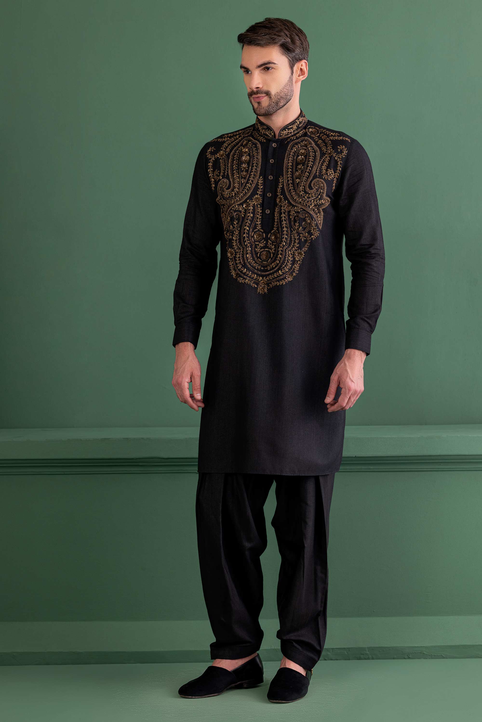 Black & gold embroidered kurta