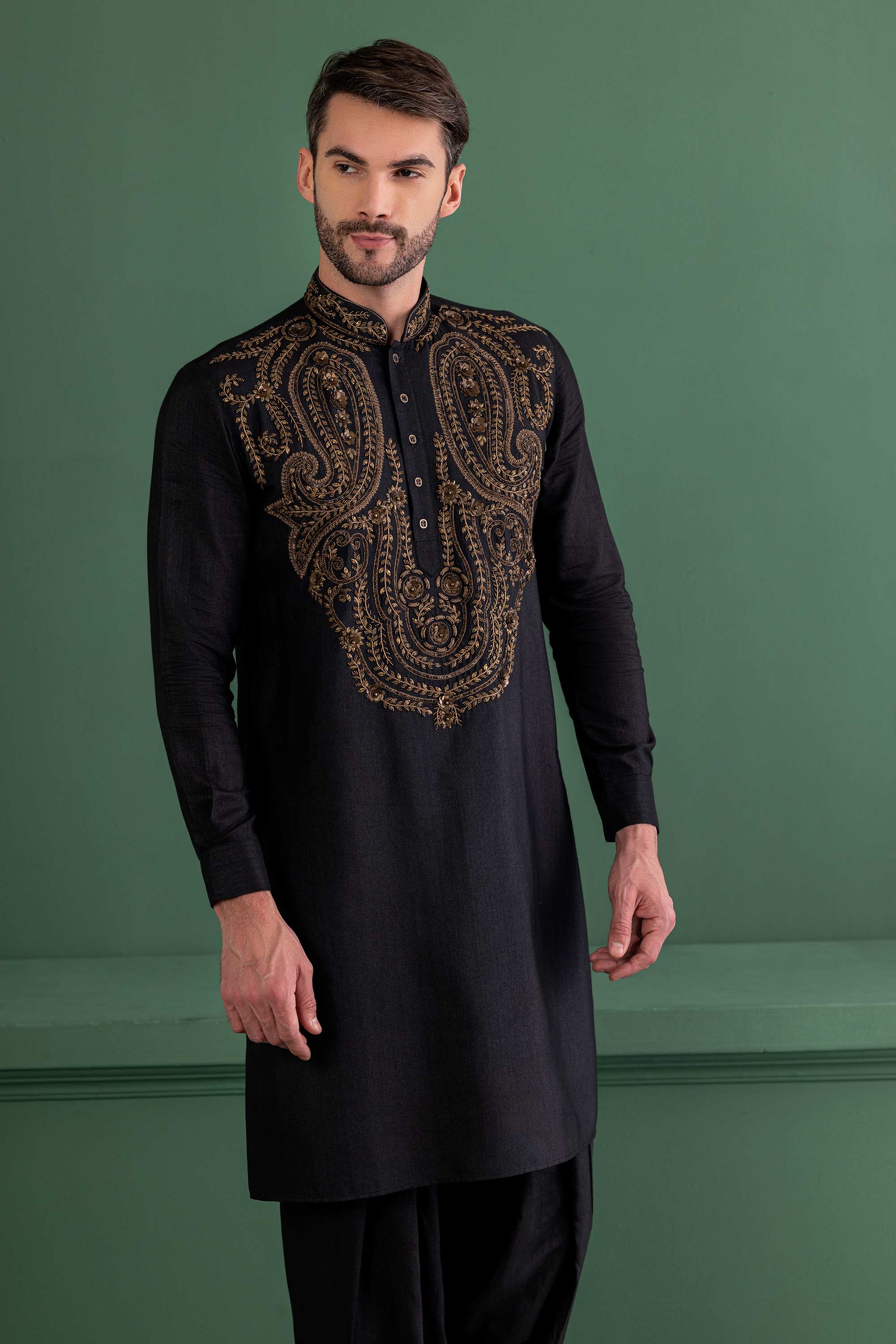 Black & gold embroidered kurta