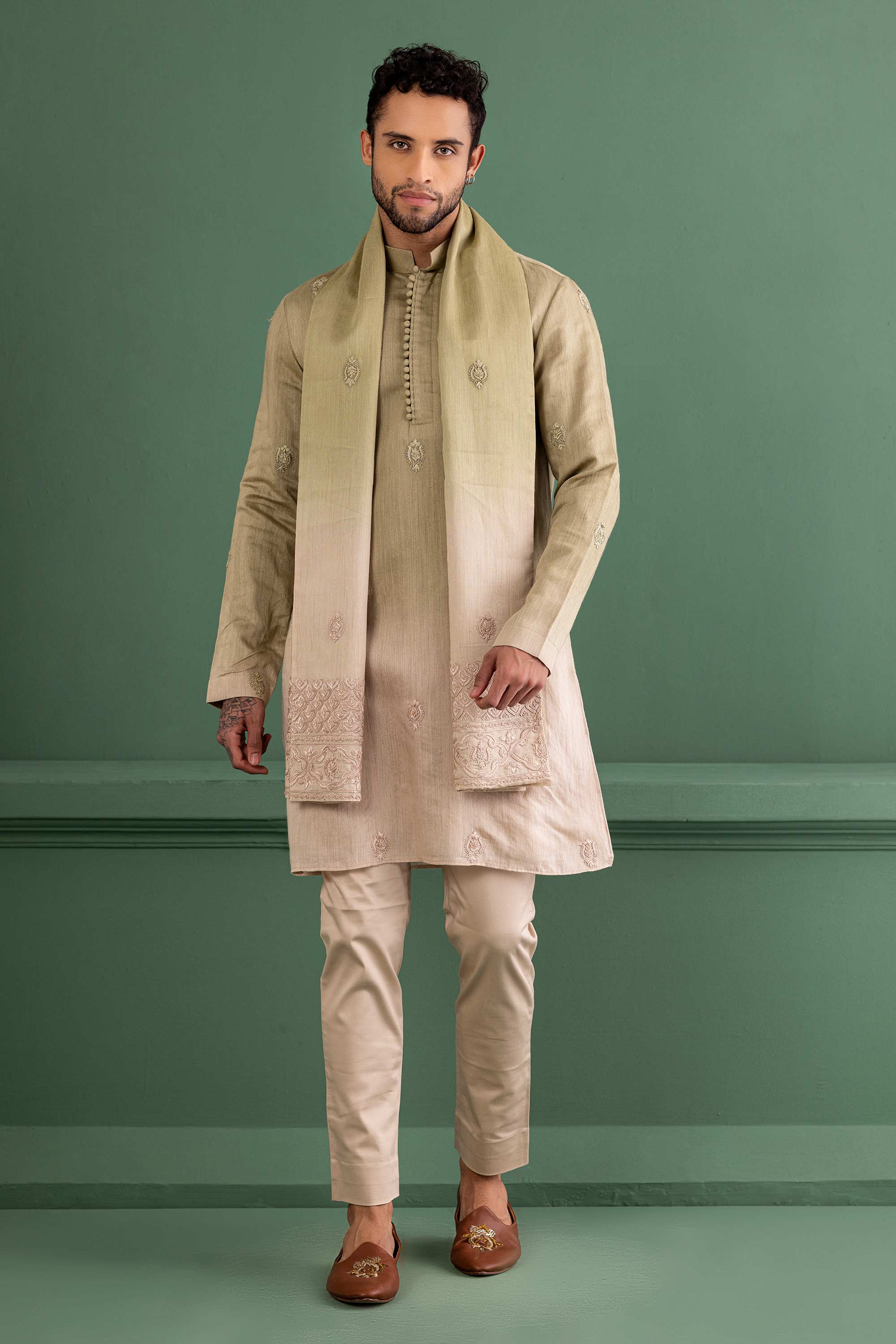 shaded olive green embroidered kurta with stole