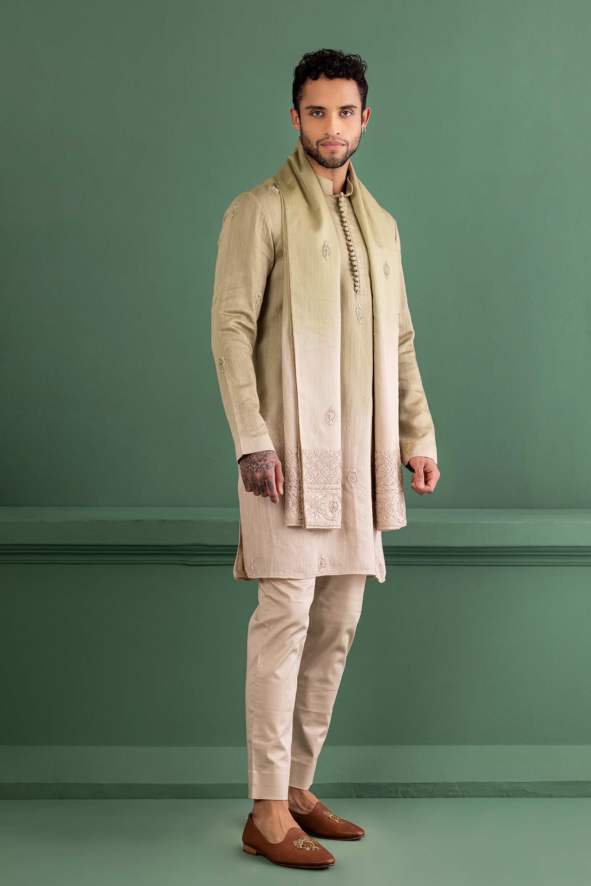 shaded olive green embroidered kurta with stole