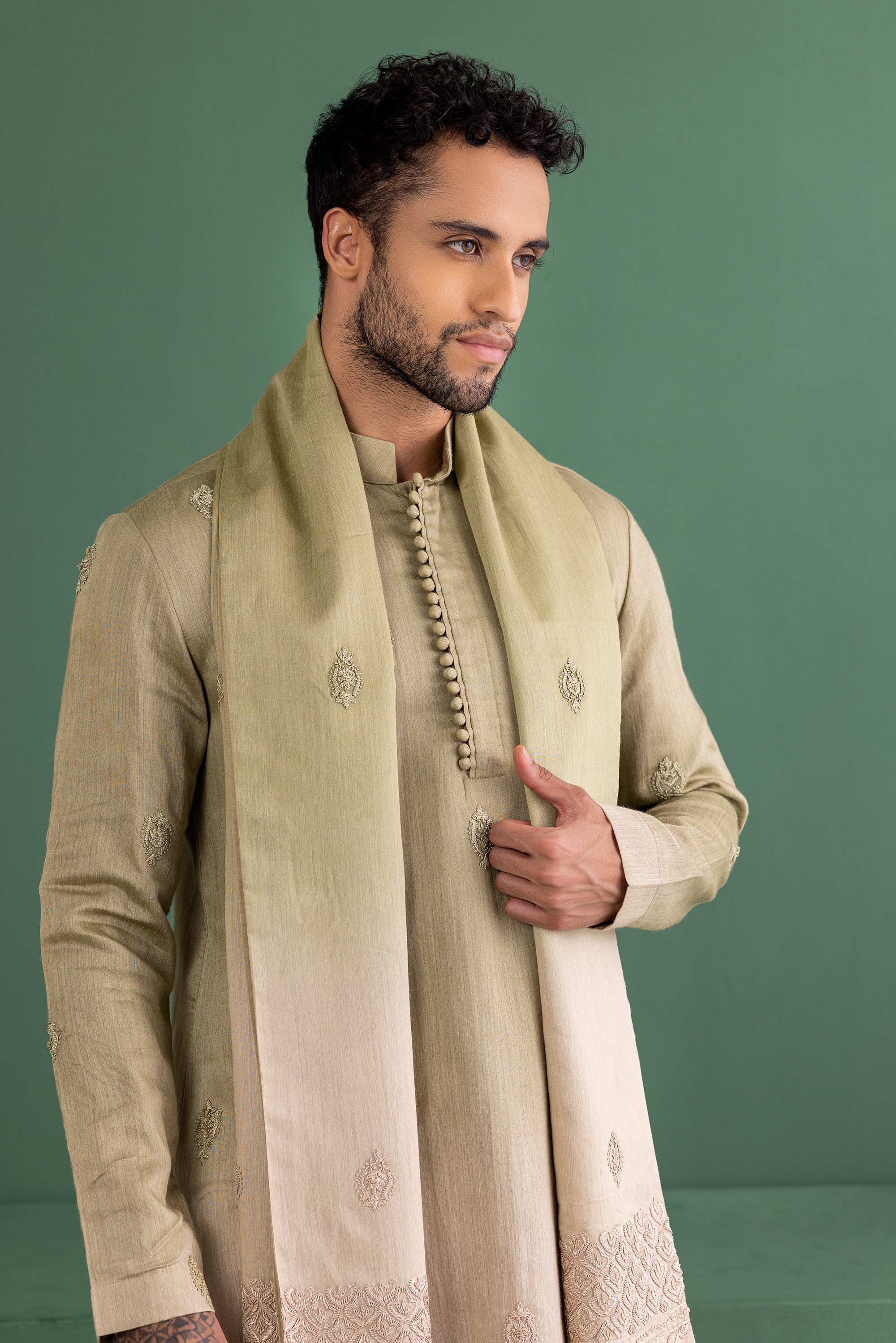 shaded olive green embroidered kurta with stole