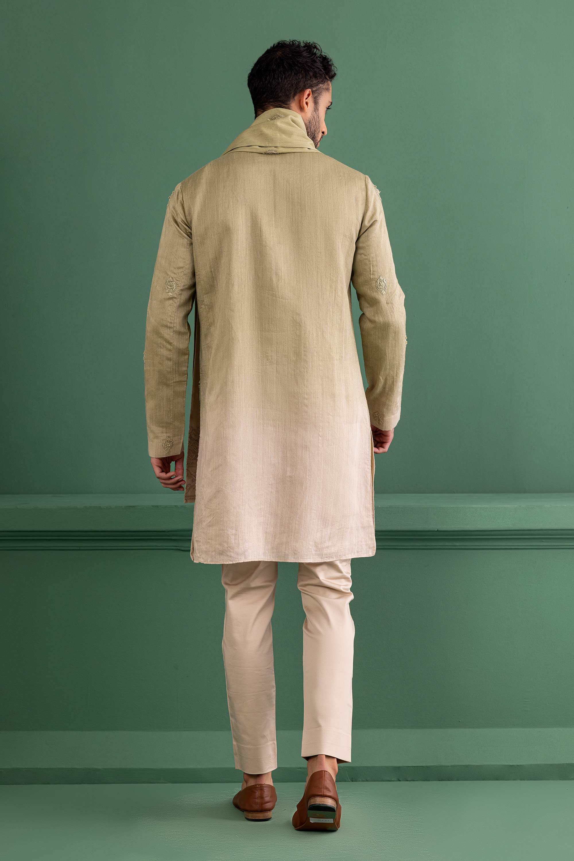shaded olive green embroidered kurta with stole