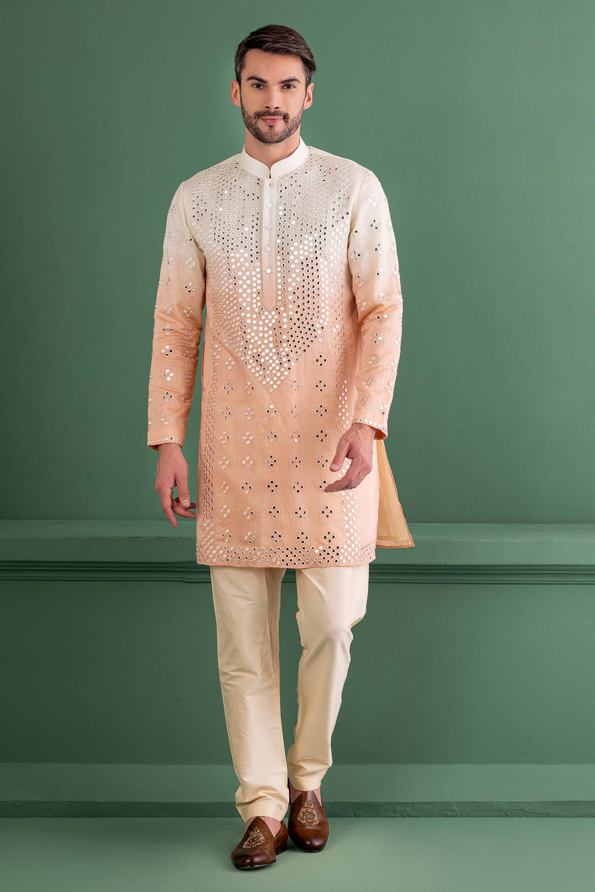 shaded peach mirror work kurta