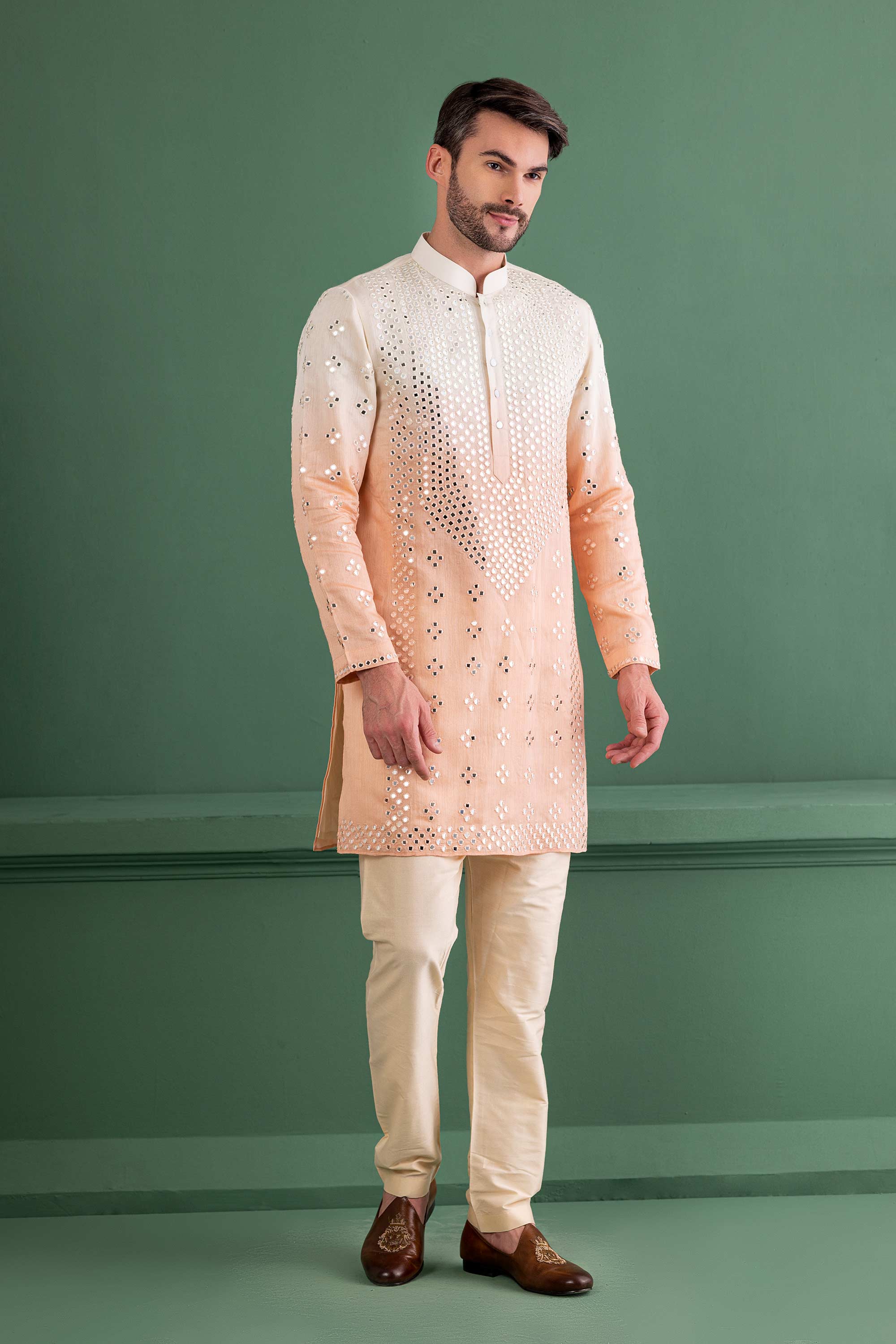 shaded peach mirror work kurta