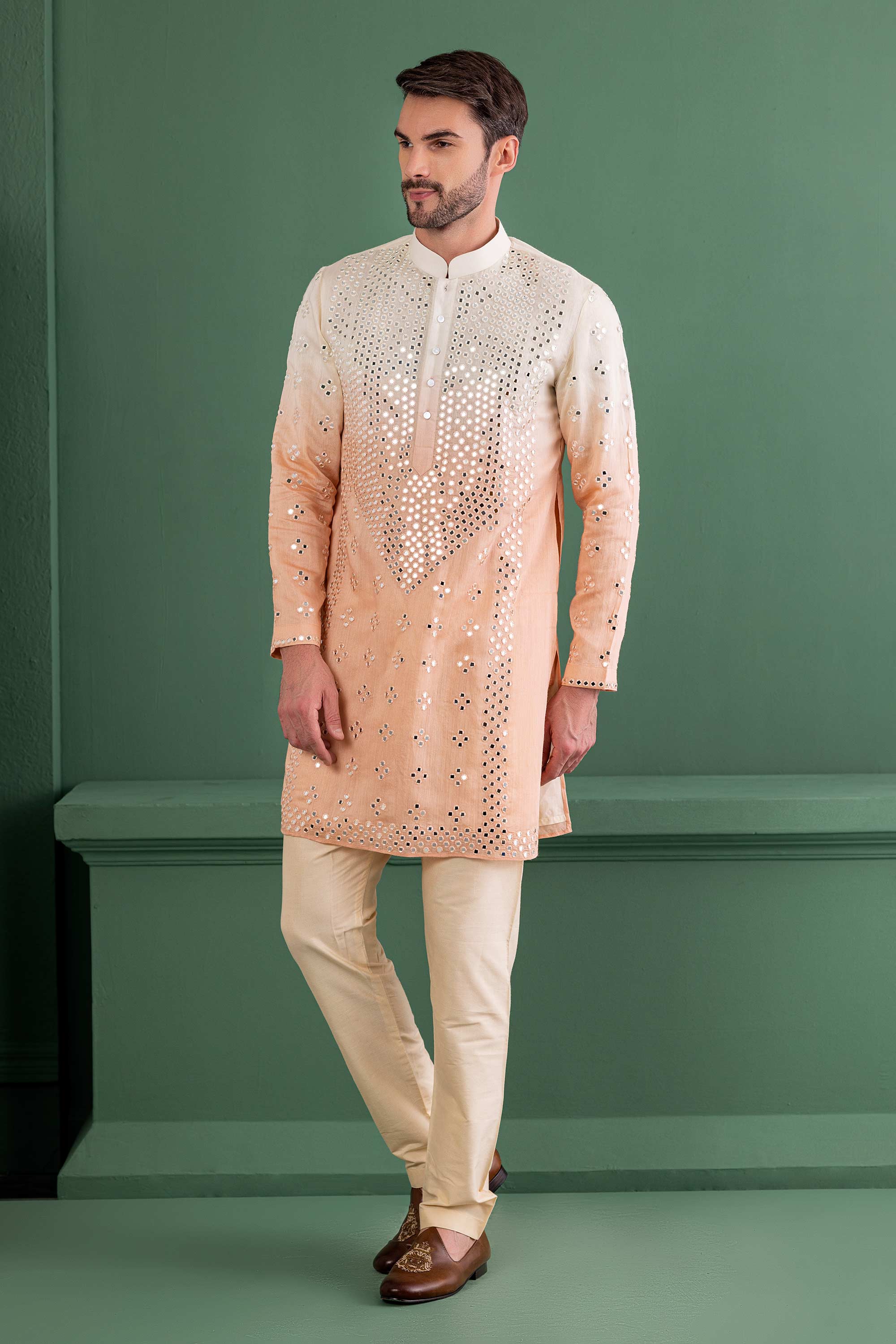 shaded peach mirror work kurta