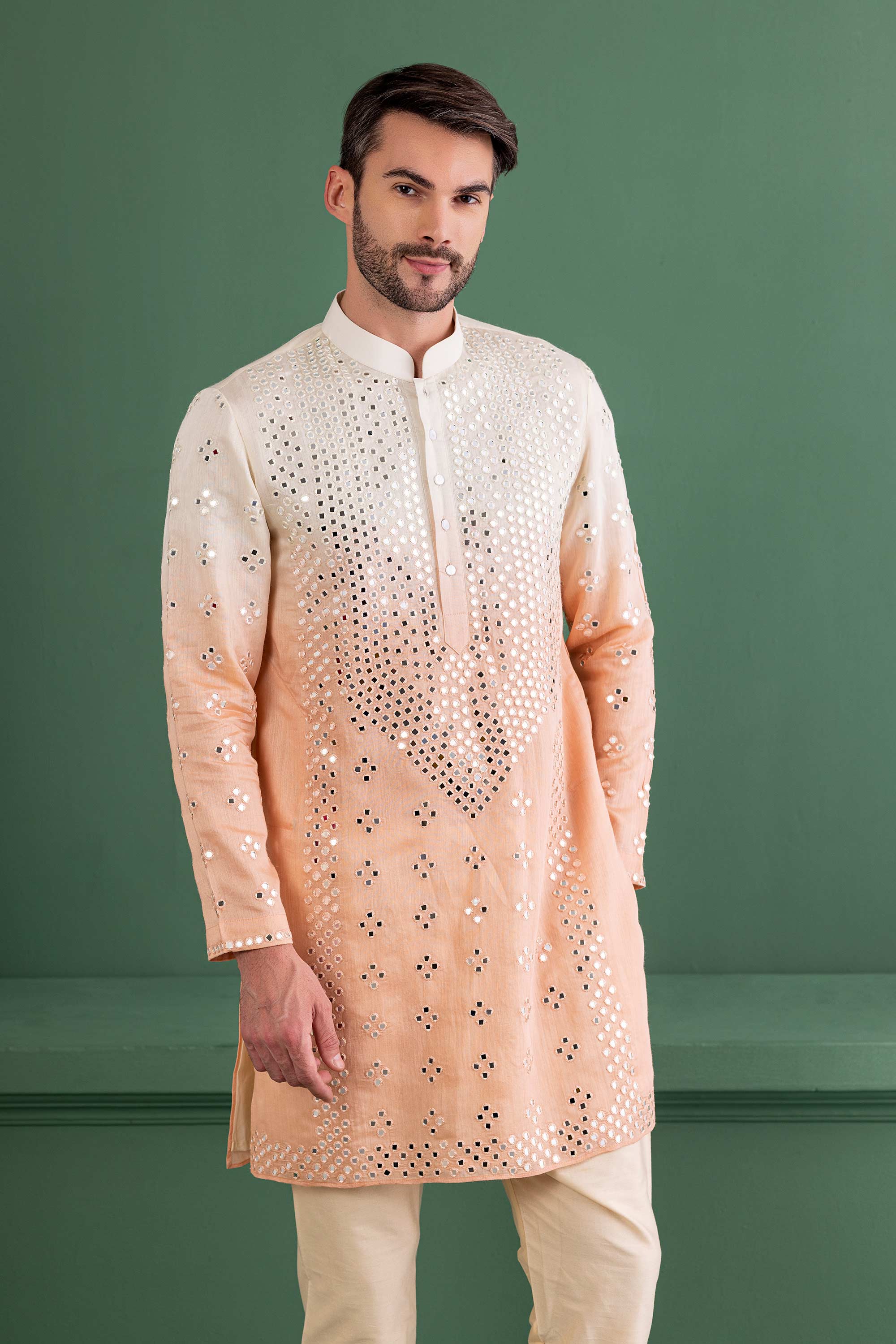 shaded peach mirror work kurta