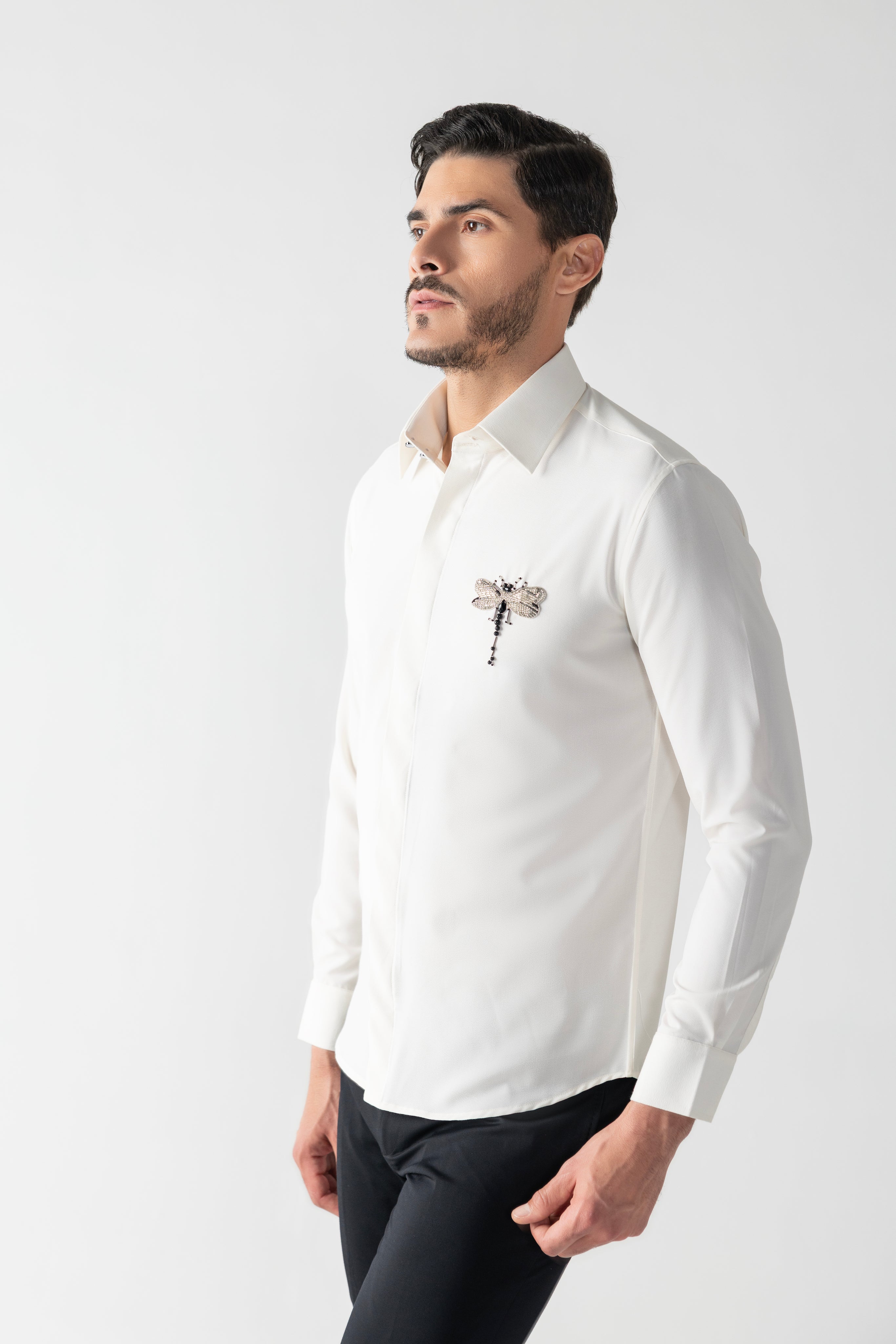 Ivory shirt with hand-embroidered Dragonfly motif