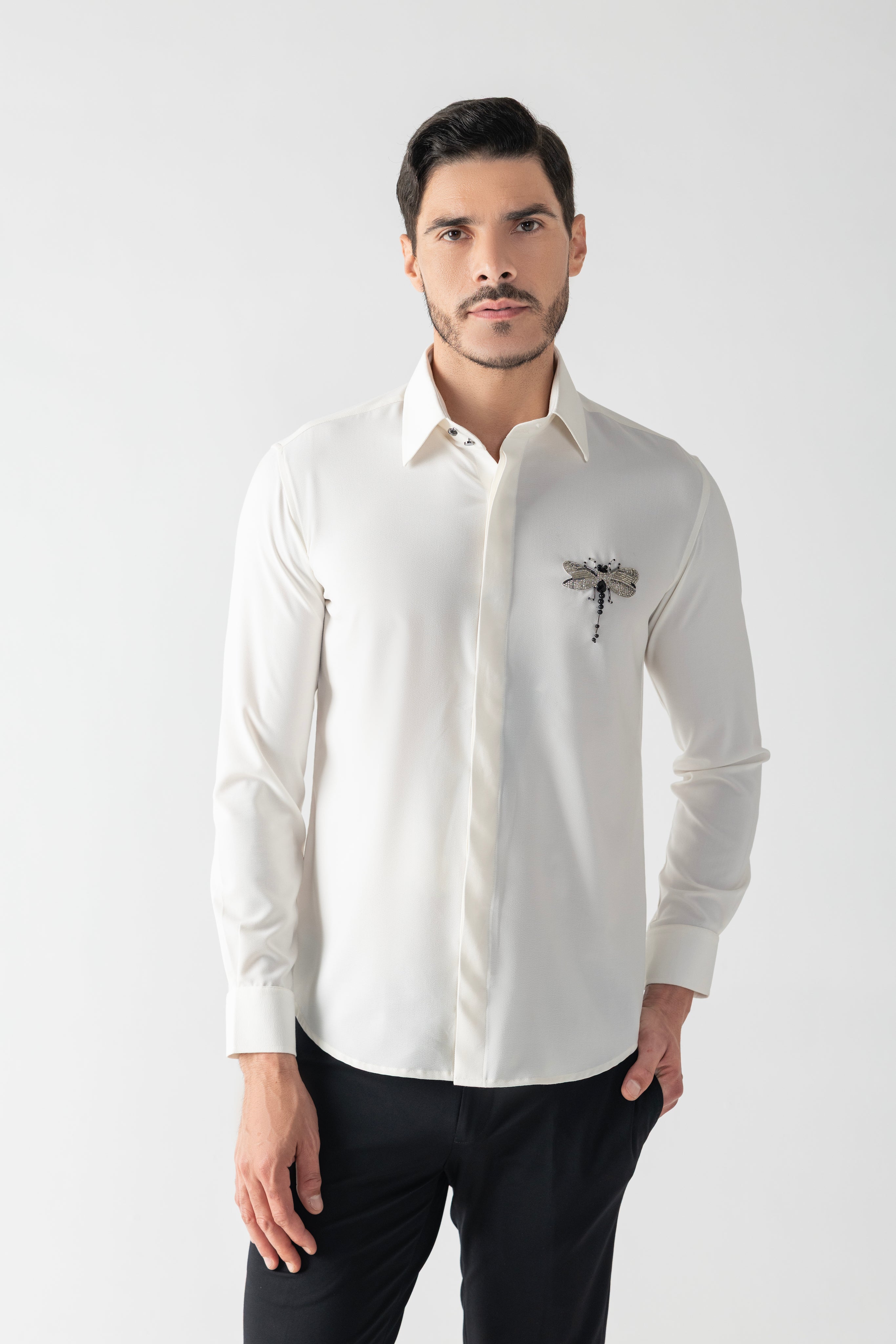 Ivory shirt with hand-embroidered Dragonfly motif