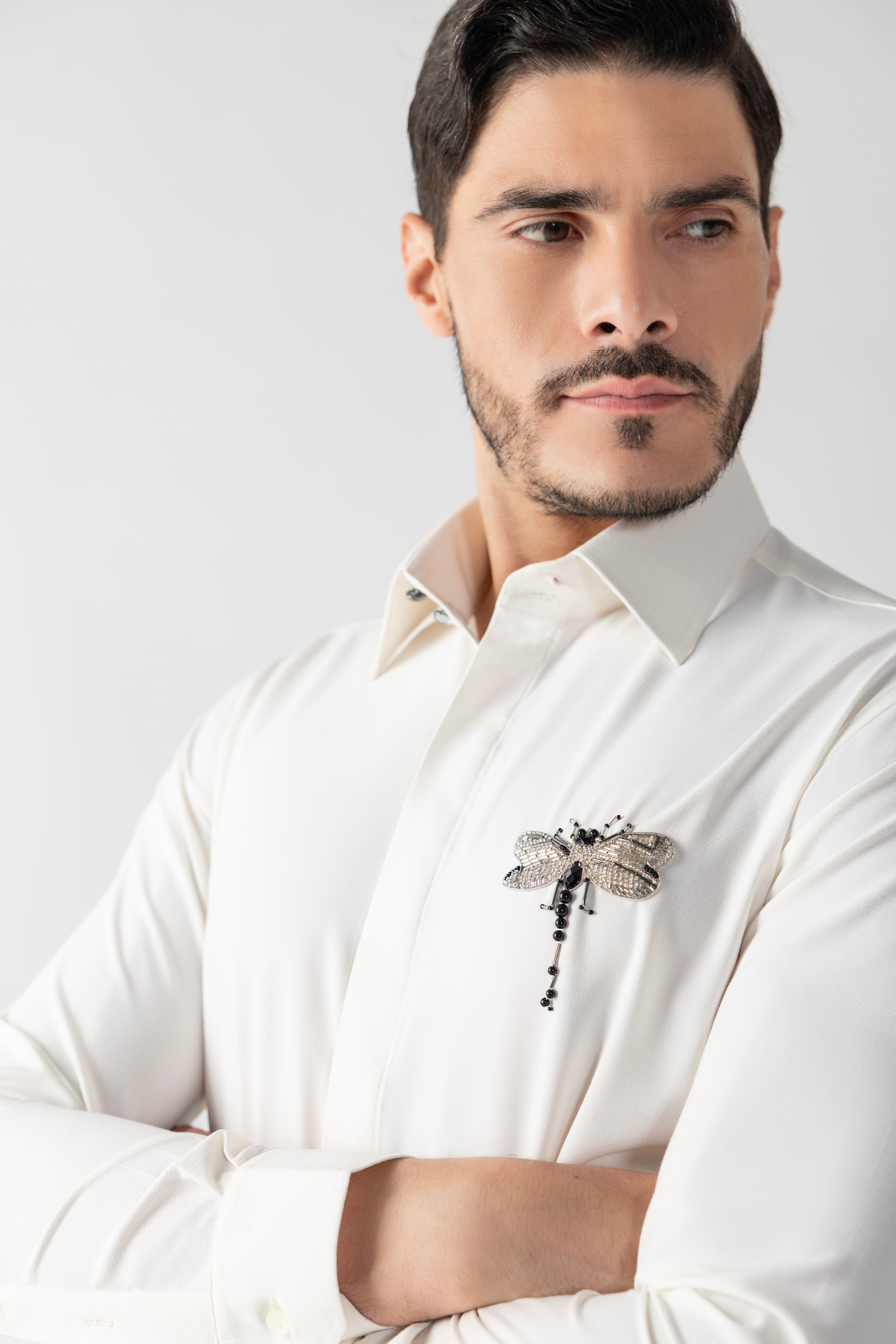 Ivory shirt with hand-embroidered Dragonfly motif