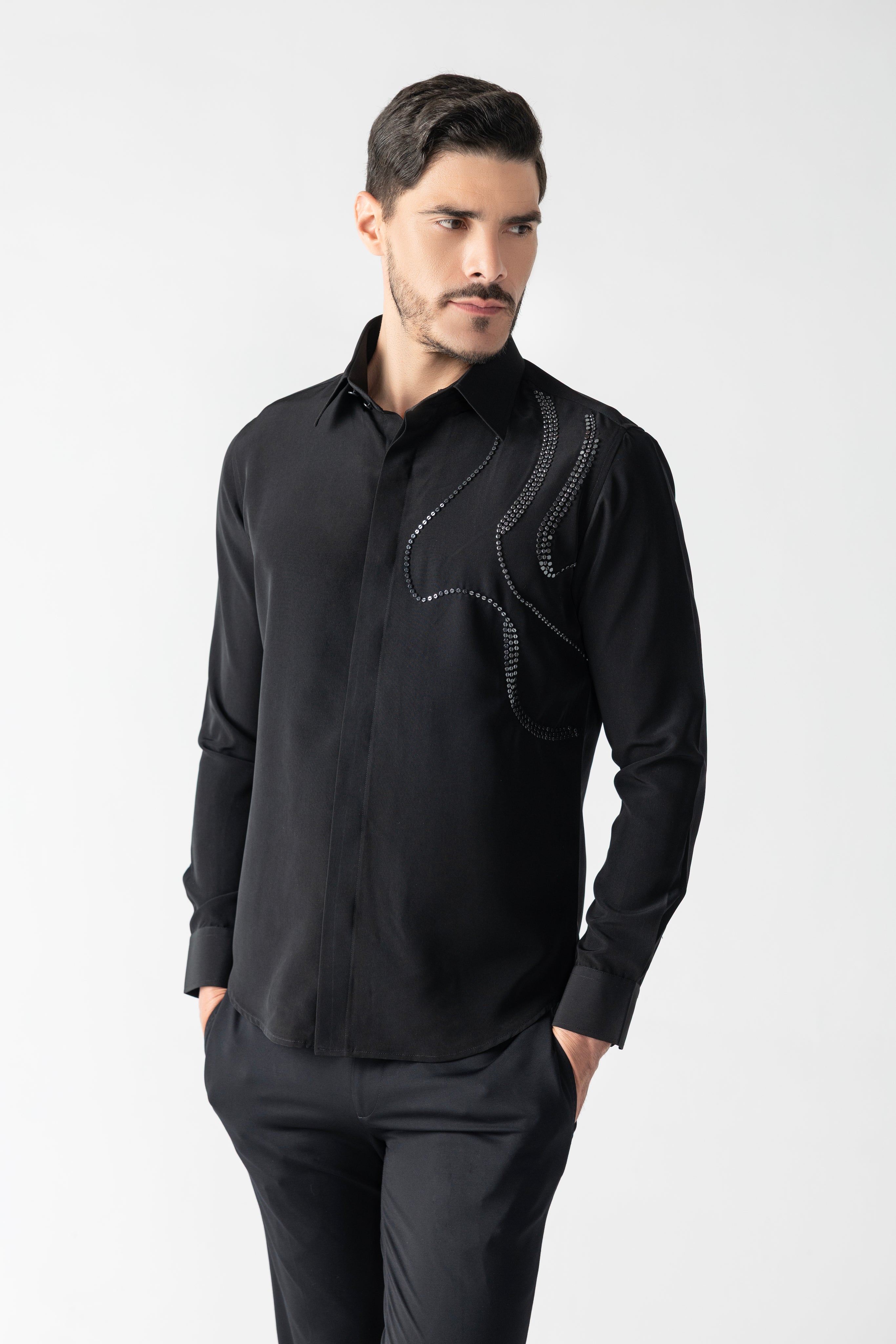 Black shirt with abstract metallic hand-embroidery
