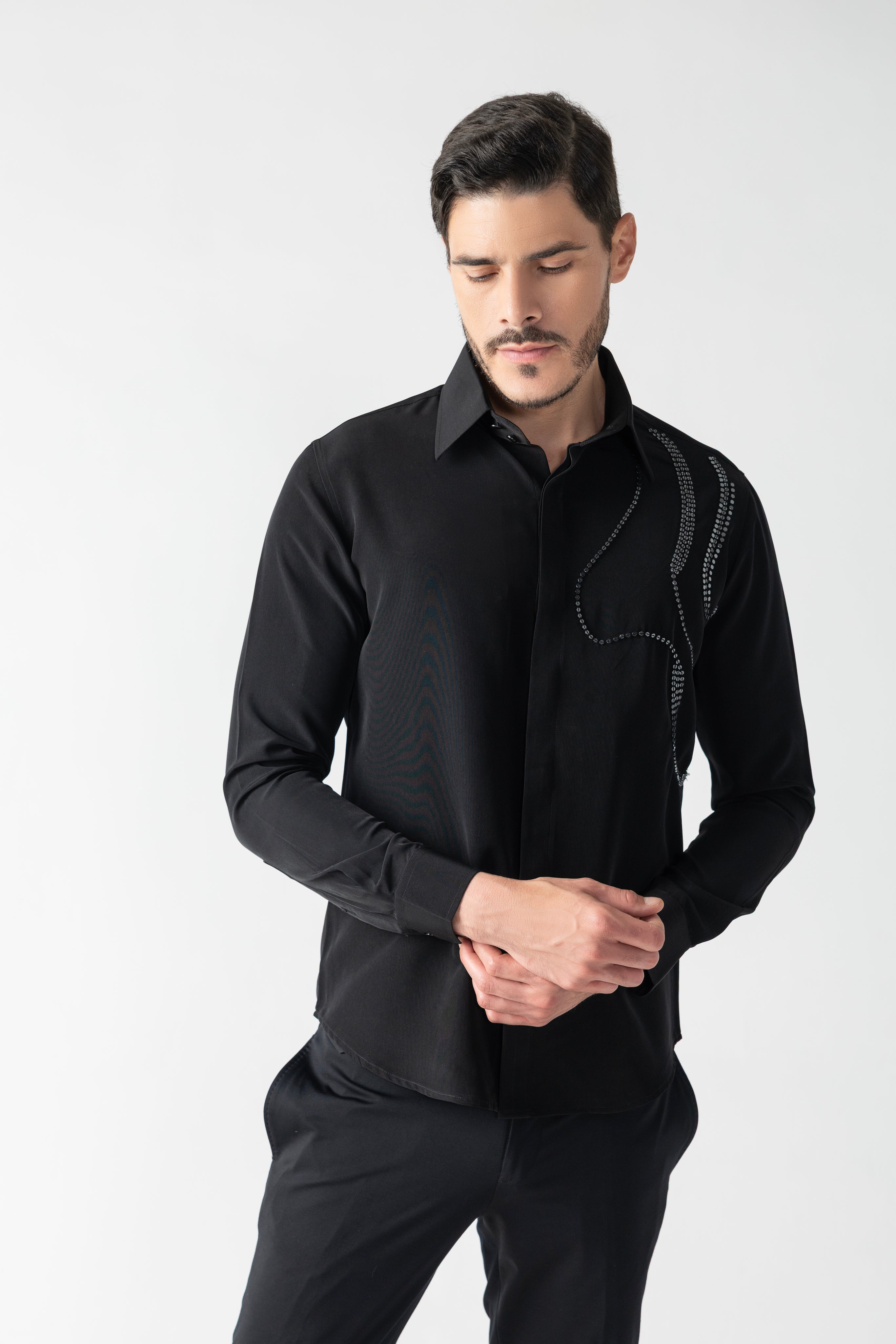 Black shirt with abstract metallic hand-embroidery