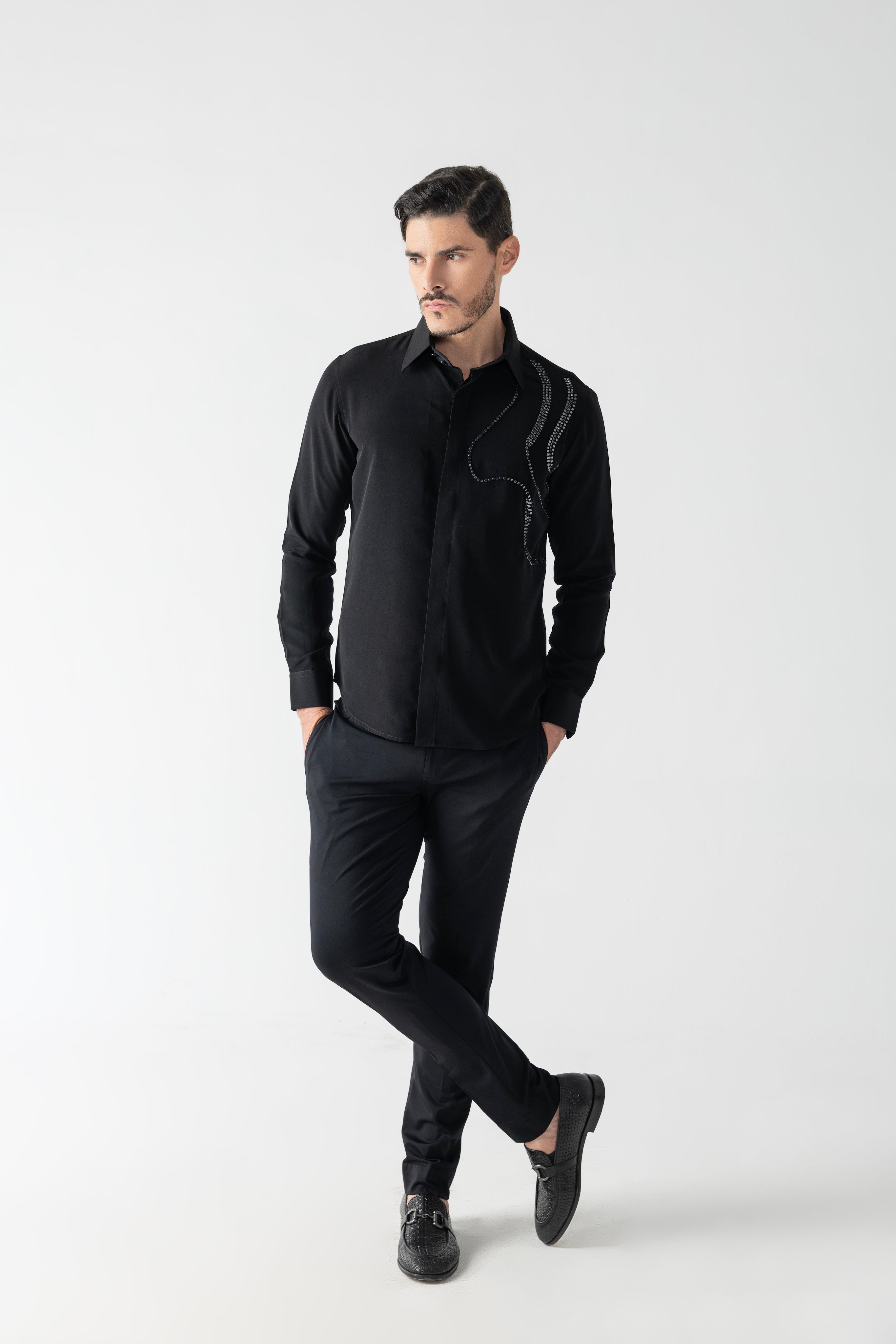 Black shirt with abstract metallic hand-embroidery
