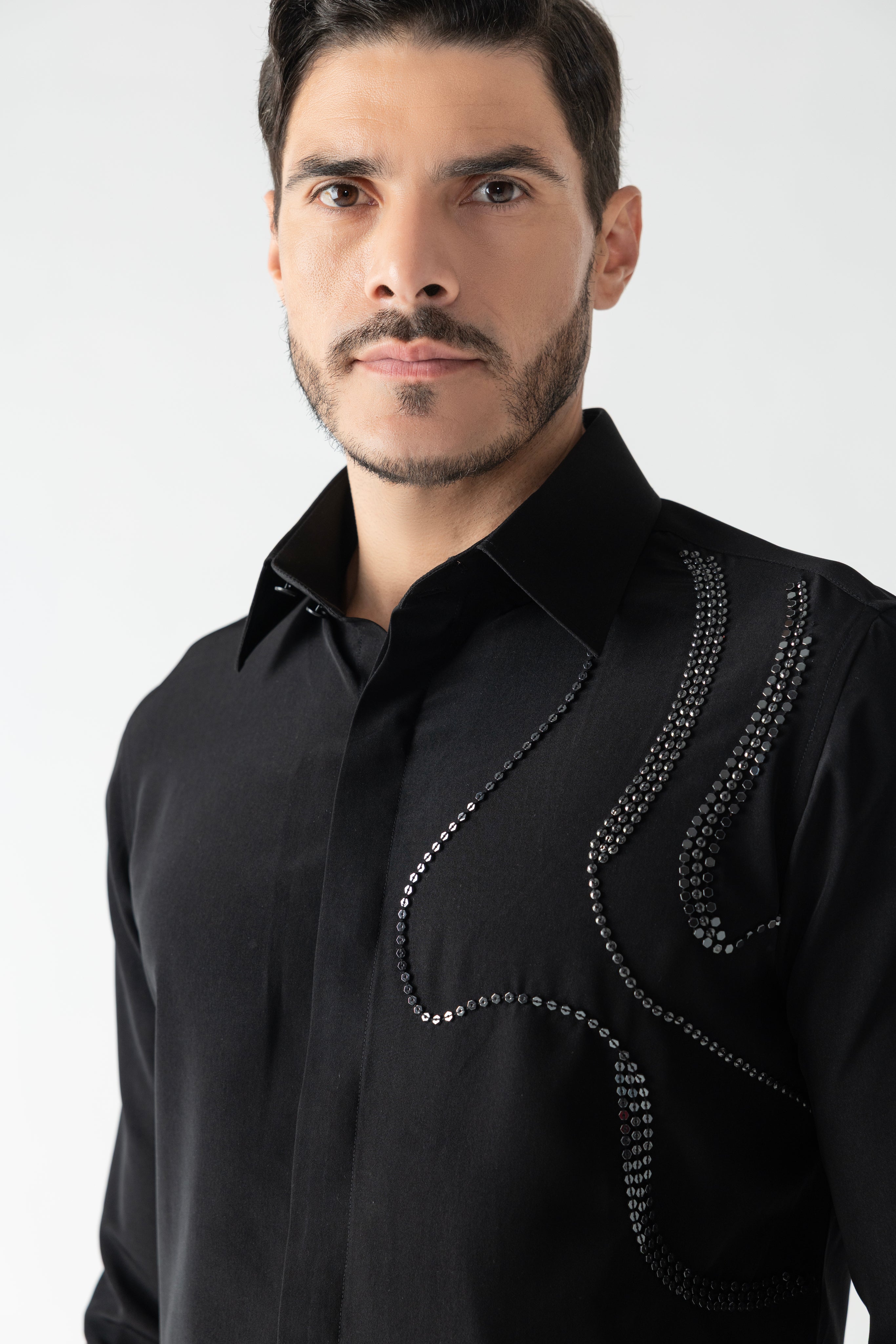 Black shirt with abstract metallic hand-embroidery