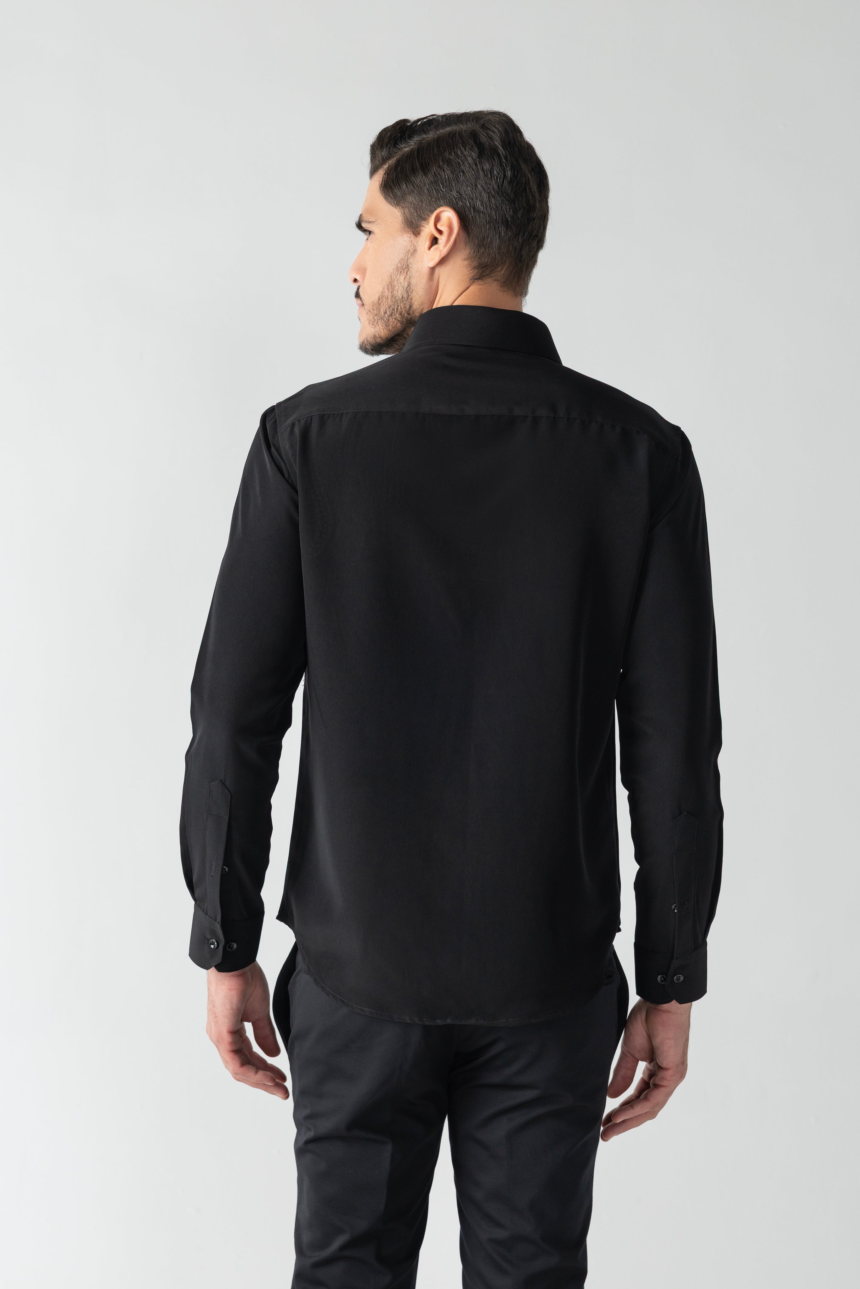 Black shirt with abstract metallic hand-embroidery